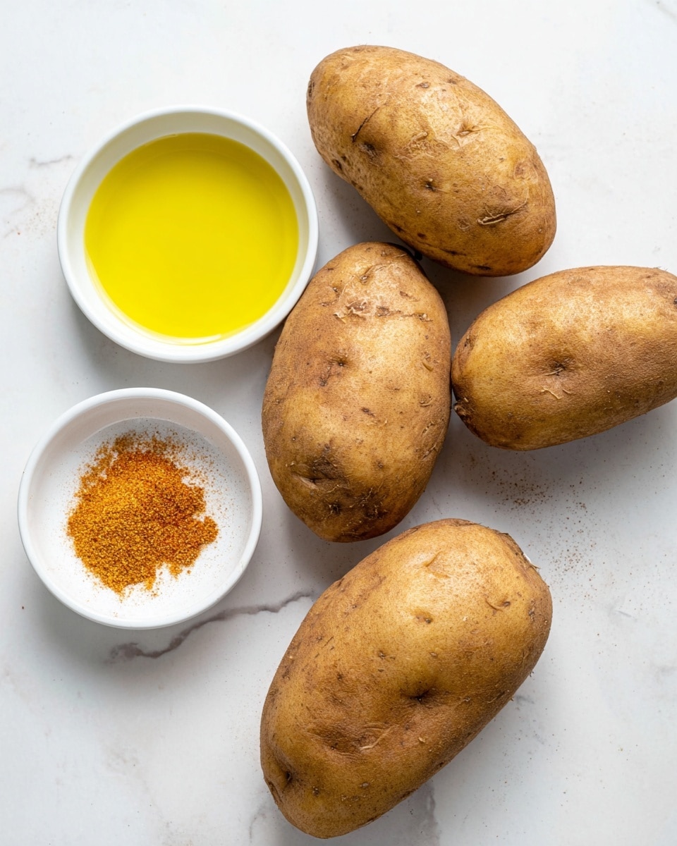 The image shows four unpeeled potatoes with rough, brown skin placed on a white marbled surface. Two small white bowls sit near the potatoes, one containing a bright yellow liquid that looks like oil, and the other holding a small pile of orange and brown spice powder. The items are closely arranged, with the bowls on the left and the potatoes spread out on the right. The lighting is bright and even, highlighting the textures of the potatoes and the smoothness of the liquid in the bowl photo taken with an iphone --ar 4:5 --v 7