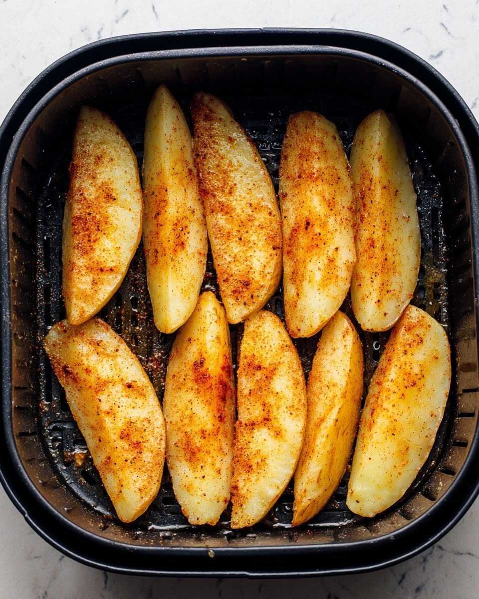 The image shows eight thick potato wedges arranged in two rows inside a black air fryer basket on a white marbled surface. Each potato wedge is light yellow with a sprinkling of orange and brown spices, giving them a textured and seasoned look. The wedges are spaced closely but not touching, showing their uneven natural shapes and slightly soft texture. The black basket contrasts with the pale potato color, and you can see some oil and spices settled at the bottom. photo taken with an iphone --ar 4:5 --v 7