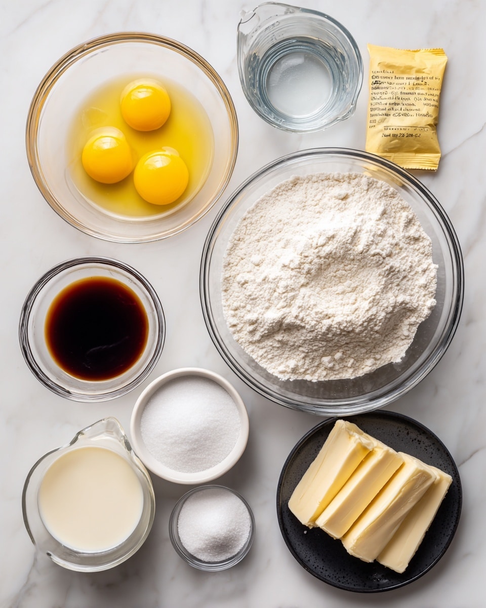 The image shows a top-down view of various baking ingredients arranged on a white marbled surface. There is a large clear glass measuring cup filled with white bread flour on the right, and above it is another clear measuring cup with a small amount of water. Towards the center top, a small clear bowl contains two raw eggs with bright yellow yolks. Below the eggs is a small clear bowl with a dark brown vanilla liquid. To the left of the eggs is a yellow packet of active dry yeast and above it a silver measuring spoon filled with white salt. At the bottom left, there is a dark round plate holding two rectangular pieces of pale yellow butter. To the right of the butter, a clear bowl is filled with white powdered sugar, and next to it is another clear bowl with white granulated sugar. Finally, at the bottom center, there is a small clear measuring cup filled with light beige evaporated milk. Each ingredient is labeled with black text on white labels. photo taken with an iphone --ar 4:5 --v 7