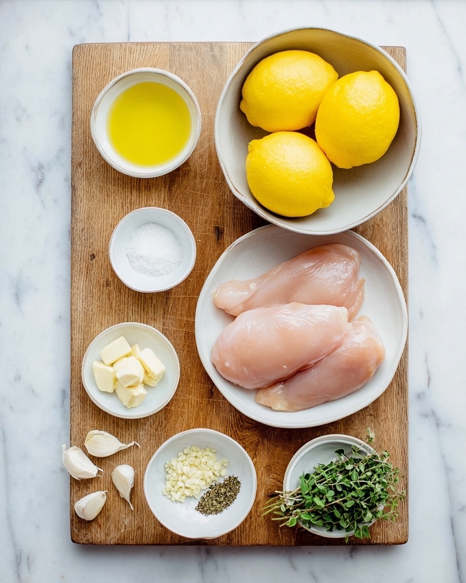 A wooden cutting board sits on a white marbled surface, holding several small white bowls and two whole bright yellow lemons. In the top right is a white bowl filled with three large, smooth, pale pink raw chicken fillets. To the left, there are small white bowls containing bright yellow olive oil, white powdery salt, creamy butter slices, minced dried herbs, and several peeled garlic cloves. In the bottom right, a small white bowl holds fresh green oregano sprigs. The scene is clean and bright, with natural lighting and soft shadows, photo taken with an iphone --ar 4:5 --v 7