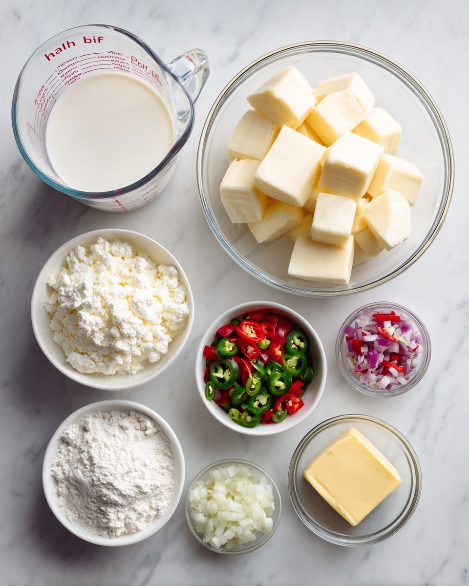 The image shows eight white bowls and clear glass containers placed on a white marbled surface, each holding different ingredients for a recipe. At the top left is a clear glass measuring cup filled with a white liquid labeled