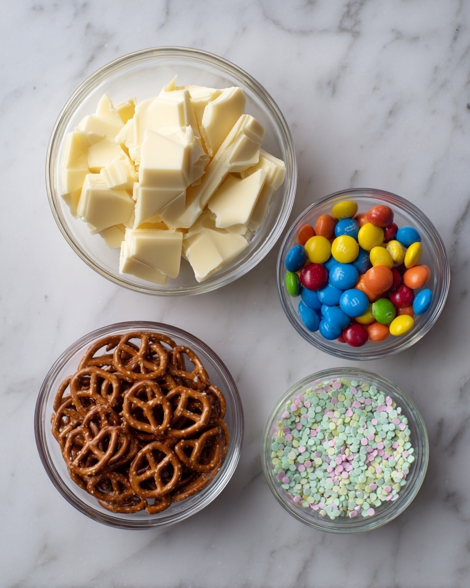 The image shows four small, clear bowls arranged on a white marbled surface. The top left bowl is filled with broken pieces of white chocolate, which have a smooth, creamy texture and pale yellow color. To the right side of it, a bowl contains mini Cadbury eggs with colorful shells in yellow, white, blue, and brown with some chocolate pieces inside. Below the white chocolate bowl, a smaller bowl is filled with small pretzels that are shiny, brown, and crunchy looking with a twisted shape. The fourth bowl, positioned at the lower right corner, holds pastel-colored sprinkles in soft shades of blue, green, yellow, and pink with a smooth, small round shape. Each bowl is glassy and very clear, sitting neatly on the surface. photo taken with an iphone --ar 4:5 --v 7