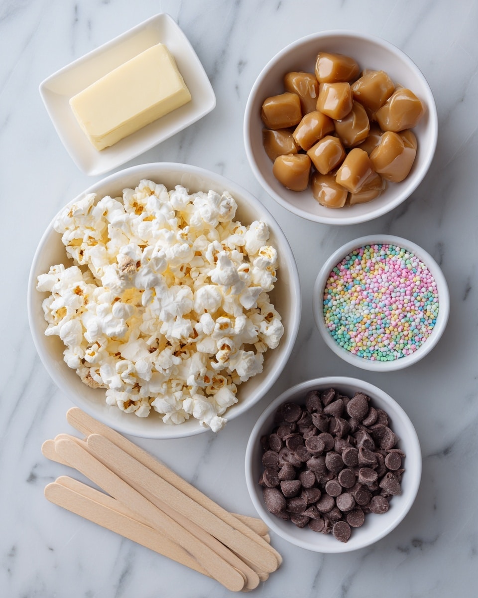 A top-down view shows five white bowls placed on a white marbled surface, each filled with different ingredients. The largest bowl at the bottom contains light, fluffy plain popcorn with a few browned spots and soft textures. Above it to the left, there is a medium bowl filled with rich golden-brown caramel candies, smooth and shiny. To the right of that, a small bowl holds bright red, green, and white round sprinkles, colorful and textured. Below the sprinkles bowl, another small bowl is filled with dark brown semi-sweet chocolate chips, matte and slightly textured. Near the chocolate chips, several wooden popsicle sticks lie flat on the surface, light wood color and smooth. At the top left, a small white dish contains a solid, pale yellow block of butter with clean edges. photo taken with an iphone --ar 4:5 --v 7