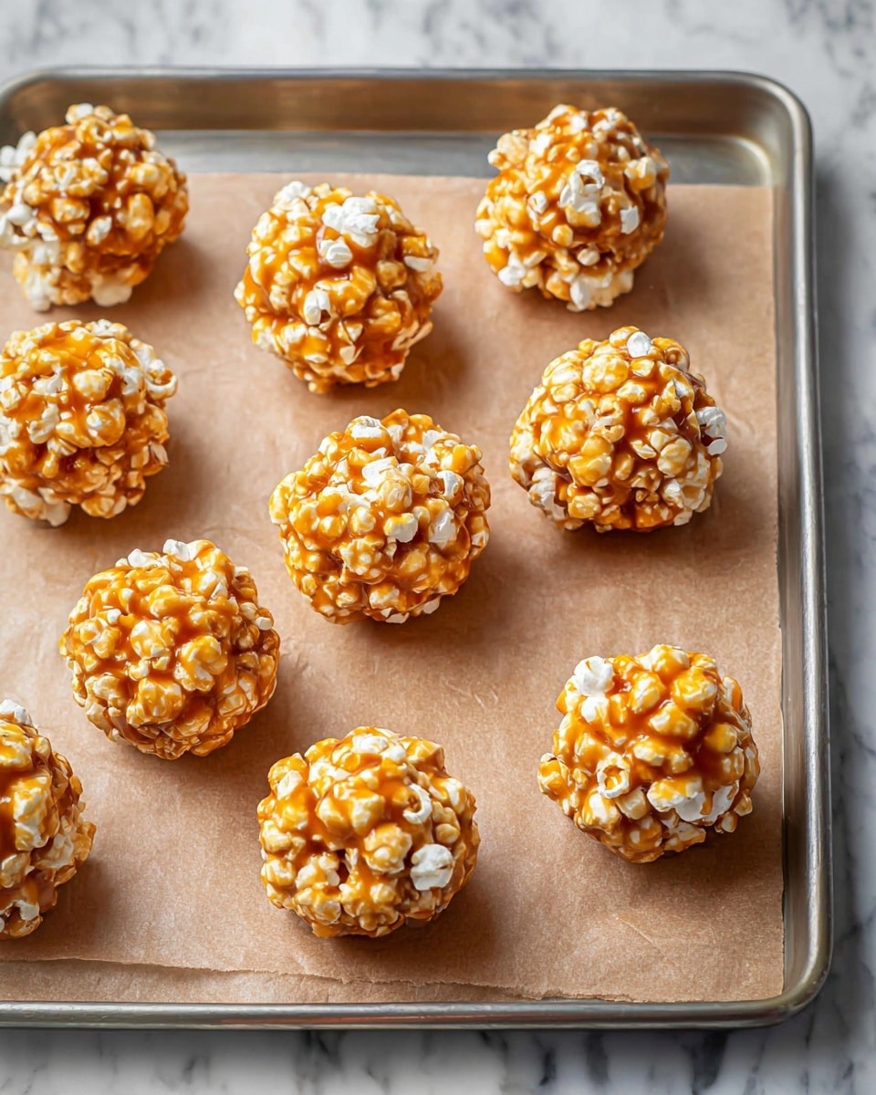 The image shows nine round popcorn balls placed on brown paper on a metal tray. Each popcorn ball is covered with a shiny layer of orange caramel coating, making the white popcorn kernels partly hidden under the sticky caramel. The popcorn balls have rough, bumpy textures with visible popcorn shapes sticking out under the caramel. The tray sits on a white marbled surface. Photo taken with an iphone --ar 4:5 --v 7