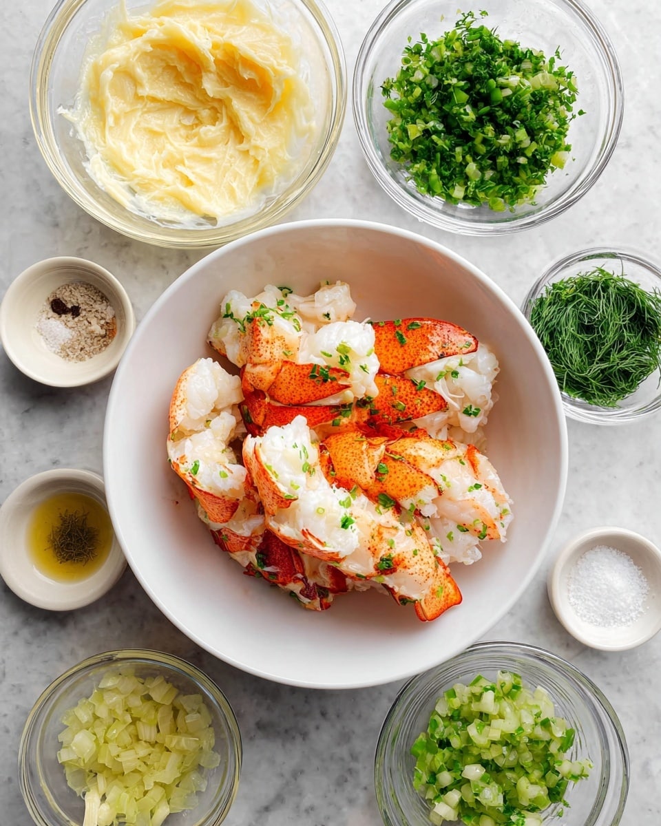 A white bowl in the center holds several thick pieces of cooked lobster tail meat, showing a mix of white and bright orange-red colors with some green herb bits sprinkled on top. Surrounding the bowl are small clear glass and white bowls with different ingredients: a creamy pale yellow mixture, chopped green herbs, finely diced light green celery, minced white onion, melted butter with herbs, bright green dill, coarse salt, and lemon zest. The bowls are placed on a white marbled surface. photo taken with an iphone --ar 4:5 --v 7