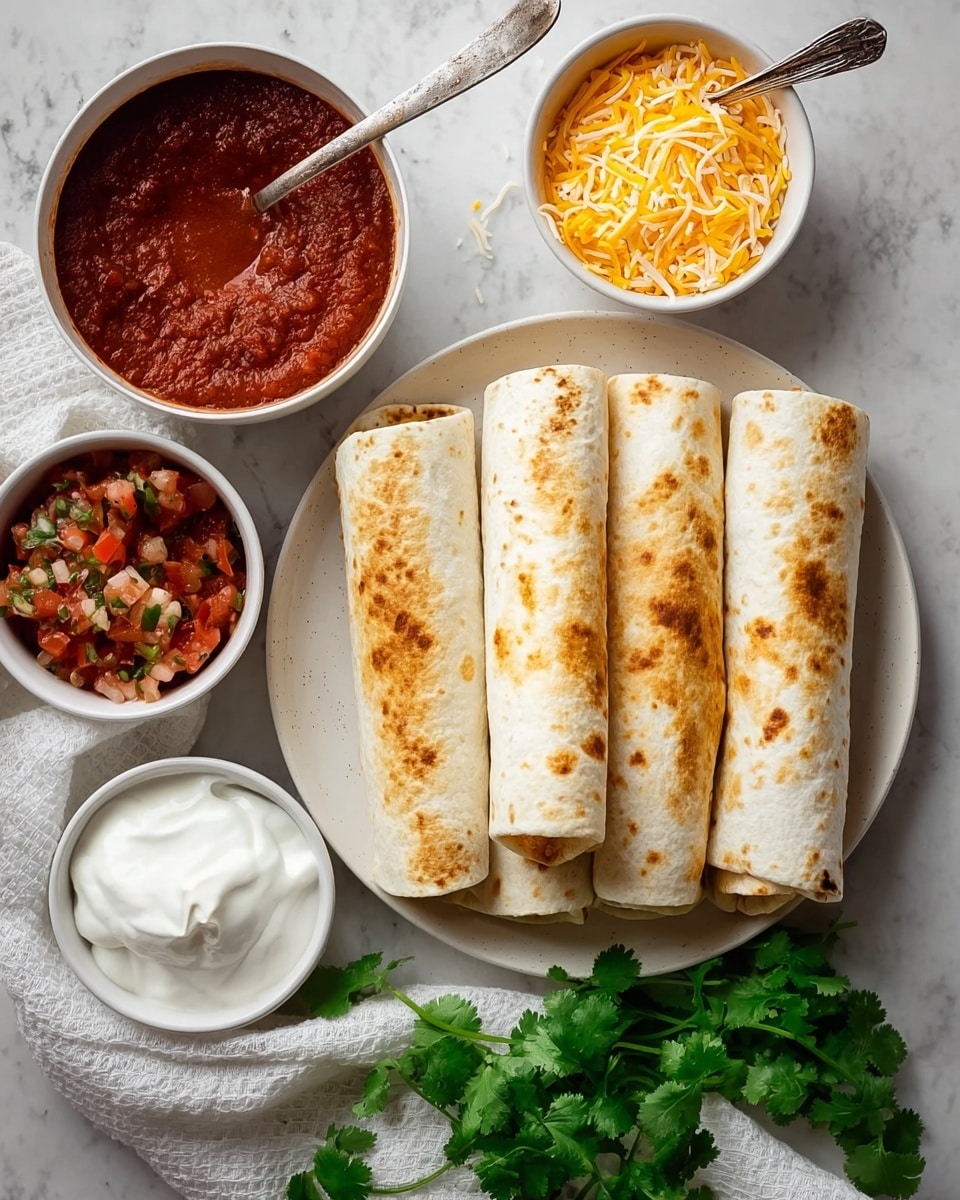 The image shows five rolled burritos with a light golden-brown toasted texture on a white plate, arranged neatly in a slightly overlapping row. Surrounding the plate are four small white bowls: one filled with a thick red sauce with visible herbs and a spoon inside, one with shredded yellow and white cheese, one with white sour cream, and one with chunky salsa showing bits of tomato and green herbs. Fresh green cilantro leaves are placed on a white cloth next to the plate, all set on a white marbled surface. photo taken with an iphone --ar 4:5 --v 7