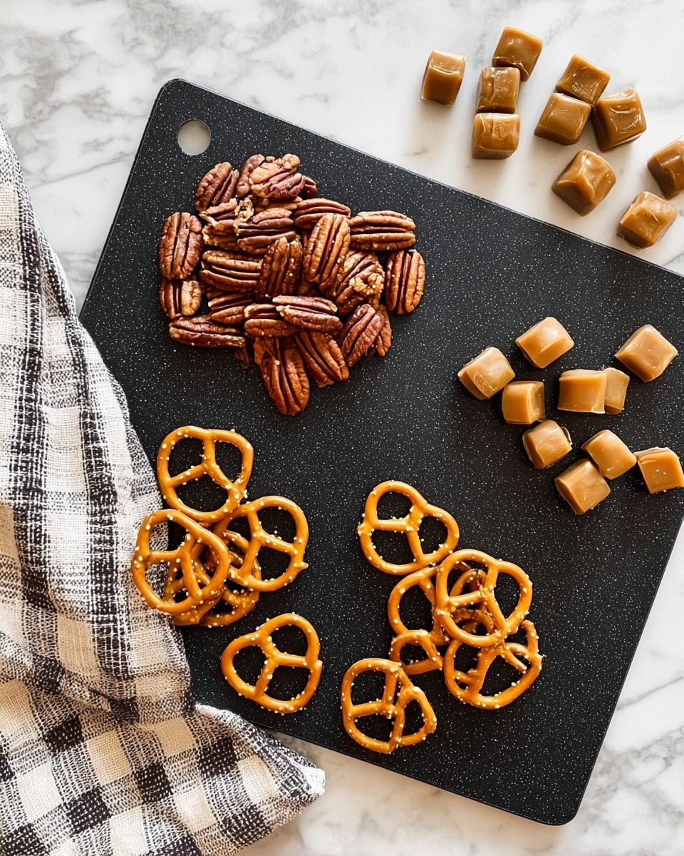 The image shows a black cutting board on a white marbled surface with three piles of snacks arranged separately. At the top left, there is a small pile of brown pecans with rough textures and ridges. At the top right, there is a group of small, round, golden caramel candies with smooth and shiny surfaces. At the bottom center, scattered in a small pile, are golden brown pretzels with a shiny finish and classic twisted shape. To the left of the cutting board, on the white marbled surface, lies a white and black checkered cloth. A few pieces of pecans, caramel candies, and pretzels are placed loosely around the cutting board on the white marbled surface. photo taken with an iphone --ar 4:5 --v 7