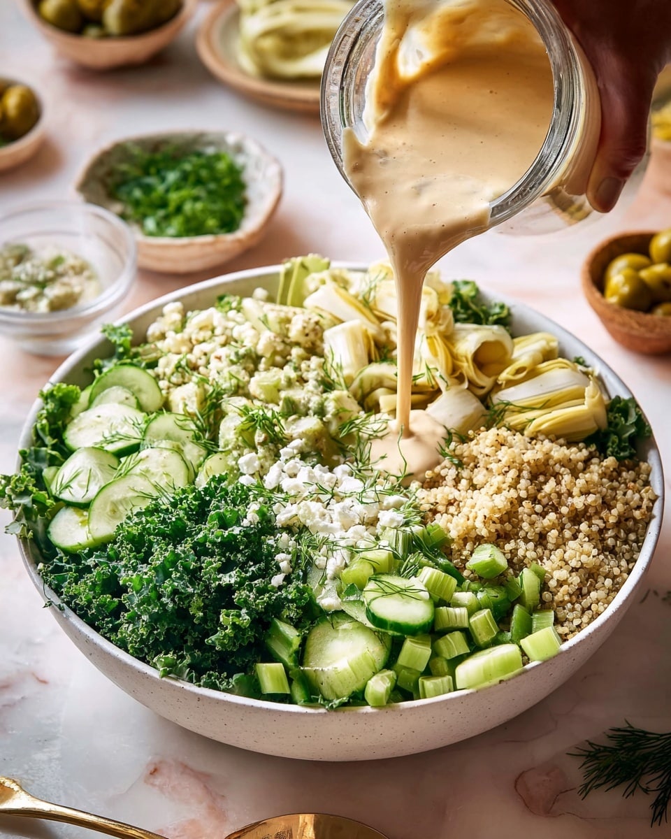 A white bowl filled with layered salad begins with a base of textured quinoa at the bottom, topped by a thick layer of fresh green kale leaves on one side. Surrounding the bowl are different sections: chopped bright green cucumber pieces, sliced green olives, and rings of fresh green onions. There are also beige artichoke hearts placed near crumbled white cheese sprinkled with fresh green dill on top. A woman's hand pours a creamy light beige dressing over the salad from a glass container. The bowl sits on a white marbled surface, with some blurred bowls and chopped herbs in the background photo taken with an iphone --ar 4:5 --v 7