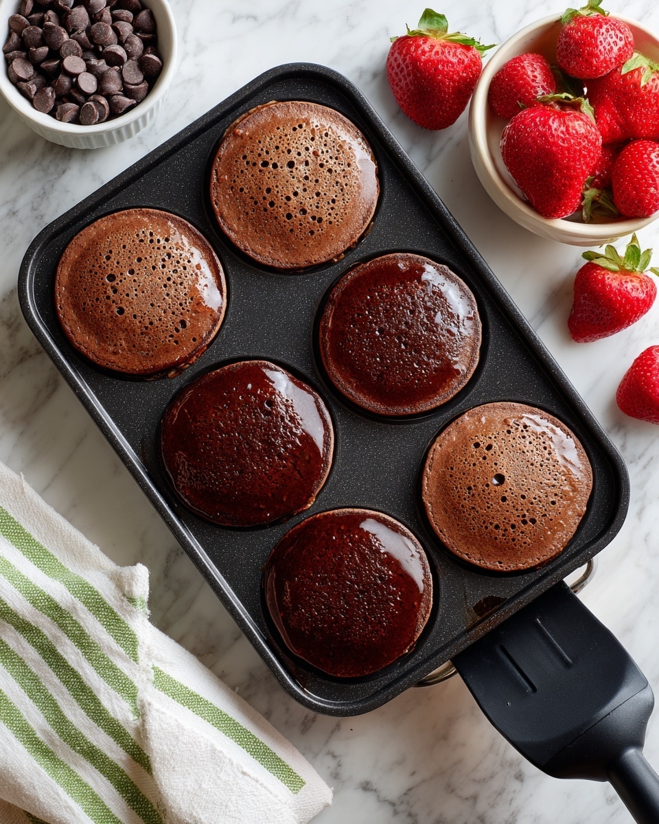 A black griddle shows six thick chocolate pancakes cooking, with three on the top half still wet and glossy with bubbles forming, and three pancakes on the bottom half flipped, showing a darker, cooked surface with a slightly rough texture. The griddle is on a white marbled surface, surrounded by bright red strawberries on the top right and a small white bowl filled with chocolate chips on the top left. A white towel with green stripes is partially visible at the bottom left. A black spatula is lifting one of the wet pancakes on the right side. Photo taken with an iphone --ar 4:5 --v 7