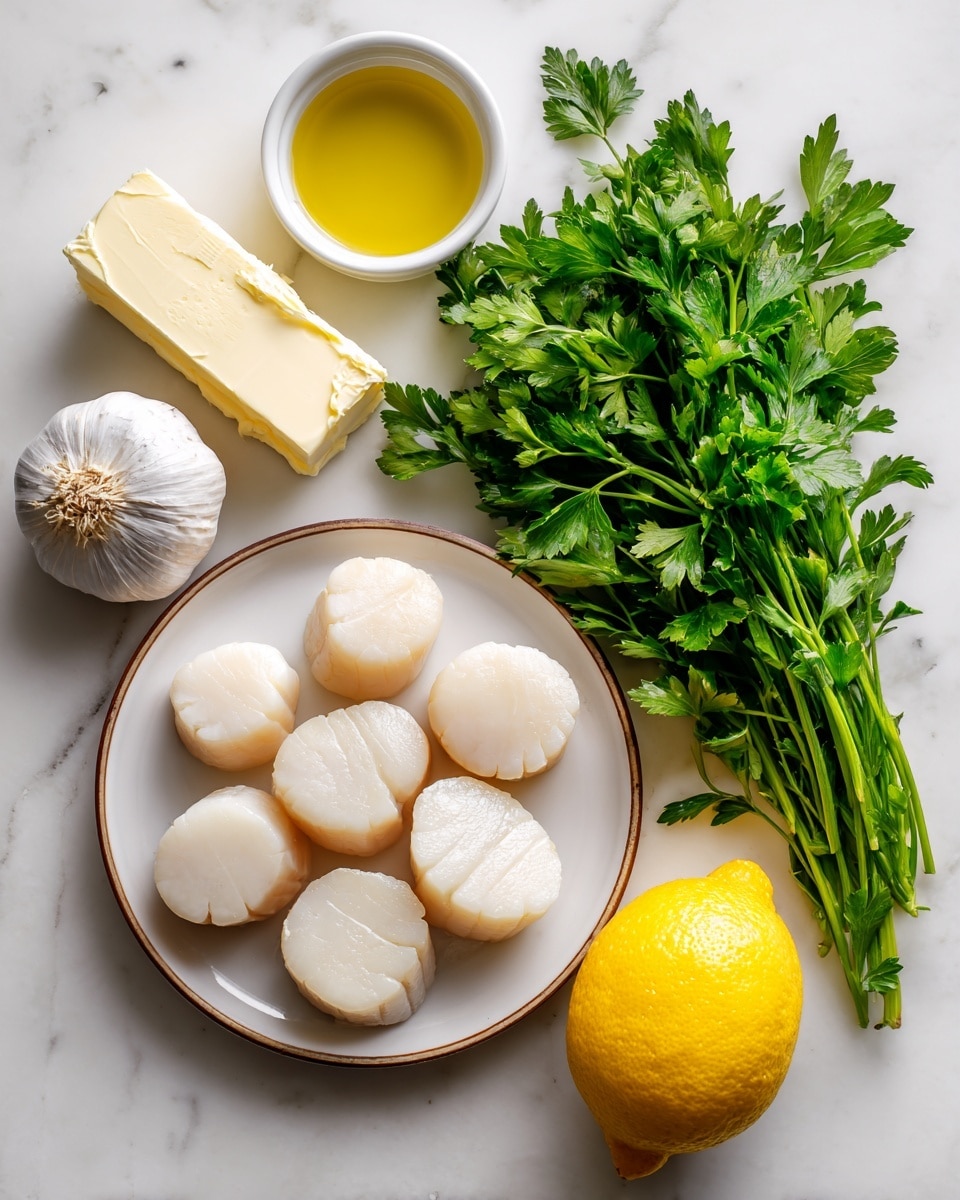 The image shows fresh ingredients arranged neatly on a white marbled surface. In the center bottom, a white plate with a thin brown rim holds ten plump, smooth, white sea scallops arranged in a scattered, natural way. To the top left of the plate, there is a small white bowl filled with golden olive oil. Above the bowl is a whole bulb of white garlic with a slightly rough texture. To the left of the scallop plate, there is a stick of pale yellow butter with a wrapper. On the right side, a large bunch of bright green parsley with leafy tops and long stems lies spread out. At the bottom right corner, there is a whole bright yellow lemon with a slightly textured skin. Photo taken with an iphone --ar 4:5 --v 7