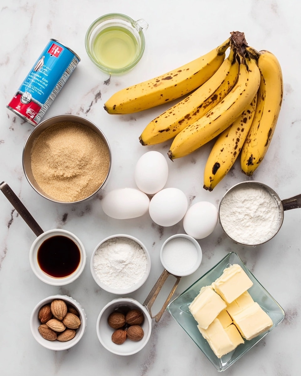 The image shows ingredients laid out on a white marbled surface for making a banana dessert. There are four whole yellow bananas with some brown spots in the center. Surrounding them are three white eggs, a can of blue and red cooking spray on the left, a small round metal cup filled with light brown sugar, another metal cup with white flour, a small dark bottle, a small glass bottle filled with liquid, and four small white bowls, each holding different items: one with dark brown syrup, one with white granulated sugar, one with whole nutmegs, and one with white powder. There are also four square pieces of pale yellow butter on a clear glass square plate. Near the top left, a metal measuring cup with light green oil is placed. Photo taken with an iphone --ar 4:5 --v 7