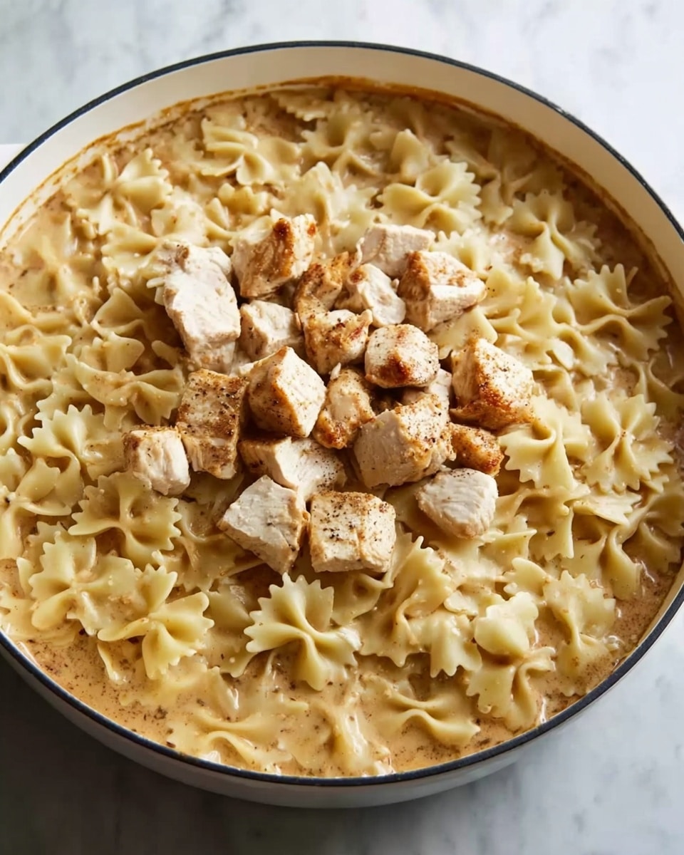 In a white pan on a white marbled surface, there is a dish with three layers. The bottom layer is a light brown creamy sauce covering the pan. On top of the sauce, there is a layer of cooked farfalle pasta, pale yellow in color with its bow-tie shape clearly visible. The top layer consists of small, cubed pieces of light golden-brown cooked chicken, scattered evenly over the pasta. The overall look is warm and inviting with creamy, soft textures and firm chicken cubes. Photo taken with an iphone --ar 4:5 --v 7