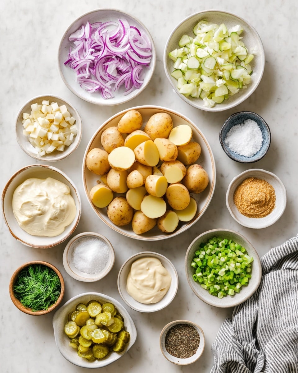 A top view of many small white bowls and plates laid out on a white marbled surface, each holding a different ingredient for a recipe. In the center is a large white plate filled with halved small potatoes with smooth yellow skin and creamy yellow insides. Surrounding it, starting from the top and moving clockwise, is a plate of thinly sliced purple and white onions, a plate filled with small diced pickles that are pale green and white, a small bowl with a creamy white liquid with green specks, a dish of white salt granules, a bowl with smooth off-white mayonnaise, a plate with chopped bright green celery, a small dish with coarse grainy brown mustard, a bowl with a smooth tan-colored mustard, a small shallow bowl with ground black pepper, a dish holding crinkle-cut pickle slices, and a small bowl with finely chopped green herbs including dill and chives. The dishes are neat and the image is bright and clear with a woman’s hand partially visible on the bottom right holding a gray and white striped cloth. Photo taken with an iphone --ar 4:5 --v 7