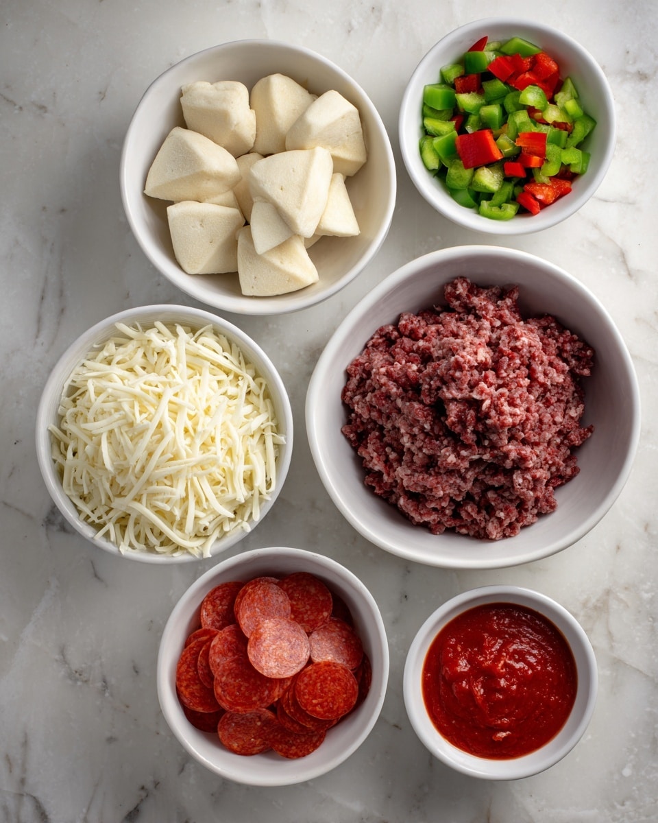The image shows six white bowls placed on a white marbled surface, each containing different ingredients. The top left bowl holds pale, triangle-shaped biscuit pieces with a soft texture. To the right, a bowl is filled with small, bright green and red chopped bell peppers. In the center, a large bowl contains three layers of raw ground beef, dark red with a slightly rough texture. Below, a small bowl of red, round pepperoni slices is seen. To the right of the pepperoni, a bowl is full of shredded white cheese with thin soft strands. At the bottom right, a bowl holds smooth, thick red pizza sauce. Each bowl is labeled clearly with the name of the ingredient. Photo taken with an iphone --ar 4:5 --v 7