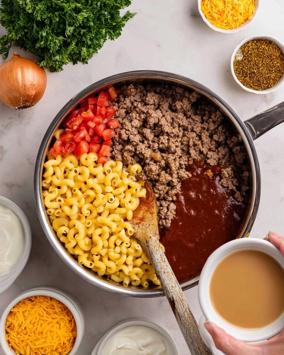 The image shows a silver pot filled with cooked ground beef covering most of the bottom layer, topped with three distinct sections: bright yellow uncooked elbow macaroni on the bottom left, small red diced tomatoes in the top left, and two sauces placed over the beef—one dark brown and thick near the top center, and a bright red sauce to the right of that. A wooden spoon with a worn texture is resting inside the pot, partially covered by the macaroni and beef. A woman's hand is holding a small white bowl filled with a light brown liquid above the bottom right section of the pot. Surrounding the pot on a white marbled surface are small white bowls containing white sauce, shredded cheese, and bright orange shredded cheese, plus a whole yellow onion and a bunch of green parsley. Photo taken with an iphone --ar 4:5 --v 7
