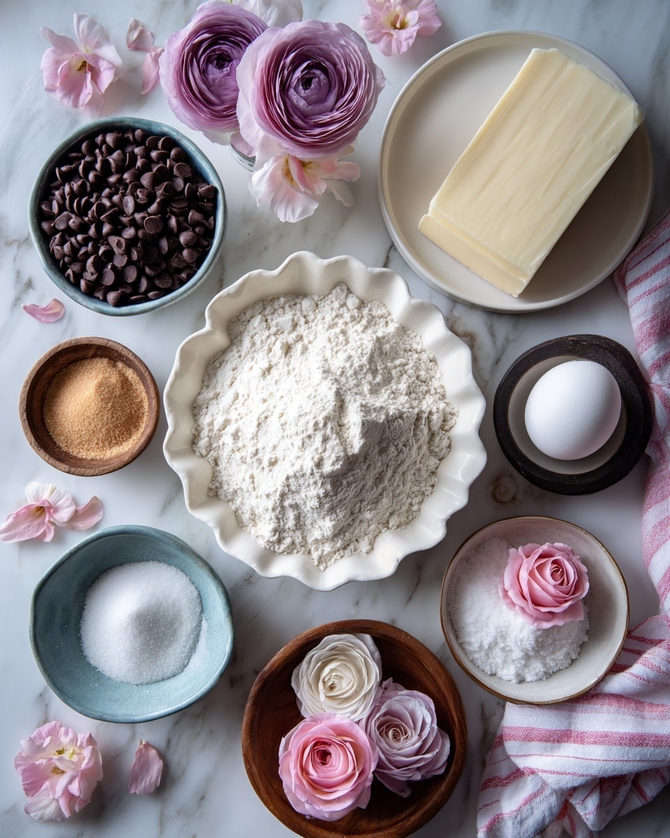 The image shows a collection of baking ingredients arranged neatly on a white marbled surface. A large white scalloped bowl filled with white flour is centered in the scene, with a smaller white dish of light brown sugar to the bottom left and a round wooden bowl of white sugar to the bottom right, decorated with a pink flower. A small wooden bowl with white baking soda and baking powder powder is placed near the brown sugar. On the top right, a white plate holds a block of butter and a single white egg resting on a small dark bowl, beside a pink and white striped cloth. A blue bowl filled with dark chocolate chips is placed to the left side, while a white scalloped bowl with pink and purple chocolate roses sits at the top left. Next to the chocolate roses is a small clear glass with rose extract. Light pink flowers are scattered around, adding a soft decorative touch. Photo taken with an iphone --ar 4:5 --v 7