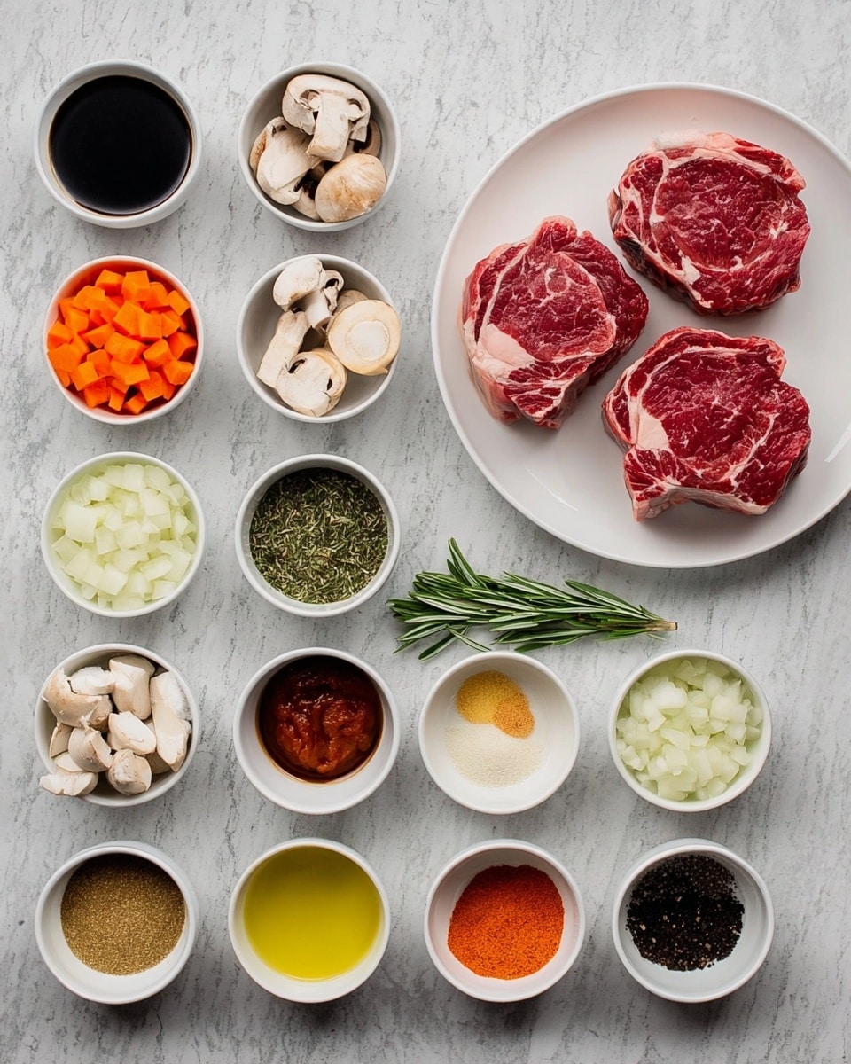The image shows many small white bowls arranged on a white marbled texture surface, each holding different ingredients. On the top right, there is a white plate with two large raw red meat pieces with a bone in the center. Around it, the bowls hold diced orange carrots, sliced white and brown mushrooms, dark brown liquid, light yellow oil, chopped white onions, green rosemary sprigs, minced garlic, thick red paste, black pepper, light brown powder, dark black paste, white powder, light green seasoning, and red spice. The bowls are neatly placed in rows and columns around the plate. Photo taken with an iphone --ar 4:5 --v 7