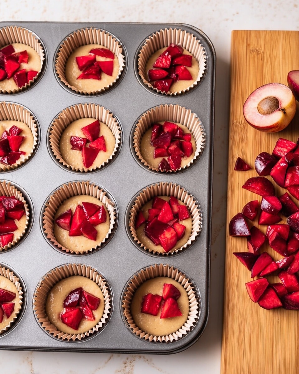 The image shows a metal muffin tray with nine cups lined with brown and white cupcake papers. Inside each cup, there is a light beige batter filling the bottom layer, some cups are topped with bright red chopped pieces of plum, creating a two-layer look. The muffin tray sits on a white marbled surface next to a wooden board full of more bright red chopped plums, and a halved plum with a visible seed is placed at the top right of the board. The colors are mainly soft beige from the batter and vibrant red from the plums, making a fresh and simple preparation scene. Photo taken with an iphone --ar 4:5 --v 7