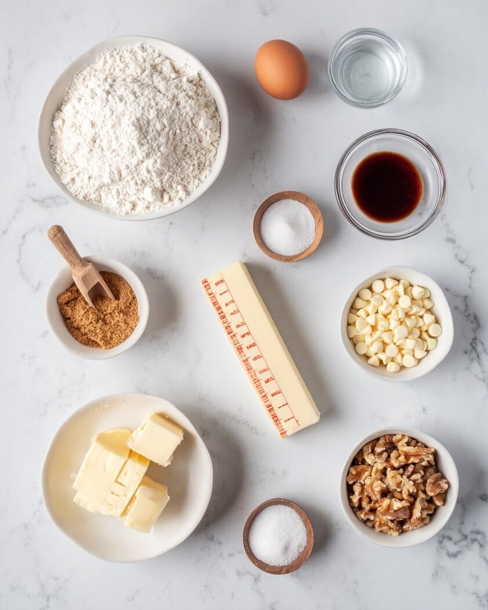 The image shows a white marbled surface with various baking ingredients neatly arranged. There is a white bowl filled with white flour and a small wooden scoop, a stick of butter with measurement markings lying flat near the center, and a white bowl containing white chocolate chips. Next to these are two small white bowls, one with brown sugar and a small wooden scoop, and another with chopped nuts, also with a small wooden scoop. An egg is placed next to a small glass bowl with salt, and nearby is another tiny glass container holding water. Towards the top right is a small white bowl with a dark liquid, likely vanilla extract. The overall setup is clean, organized, and bright, with all items spread out on the white marbled surface. photo taken with an iphone --ar 4:5 --v 7
