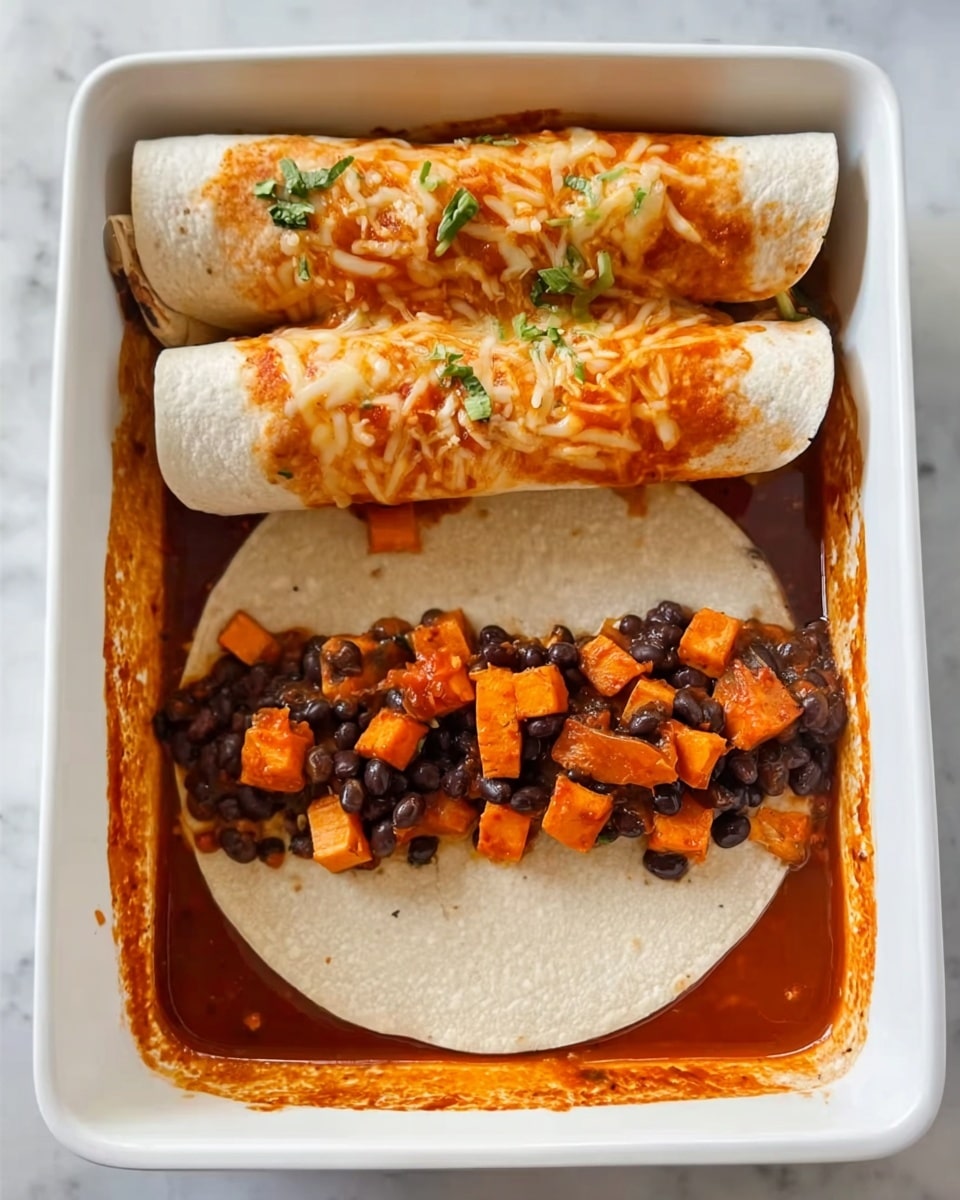 A white rectangular dish holds two rolled tortillas placed side by side at the top, both covered with a light orange sauce and shredded cheese melted on top. Below the rolls is one flat white tortilla spread with a line of diced orange sweet potatoes mixed with black beans in the center. The dish has a reddish sauce covering the bottom, with some of the diced sweet potatoes and black beans scattered around the edges of the flat tortilla. The background surface is white marble. Photo taken with an iphone --ar 4:5 --v 7