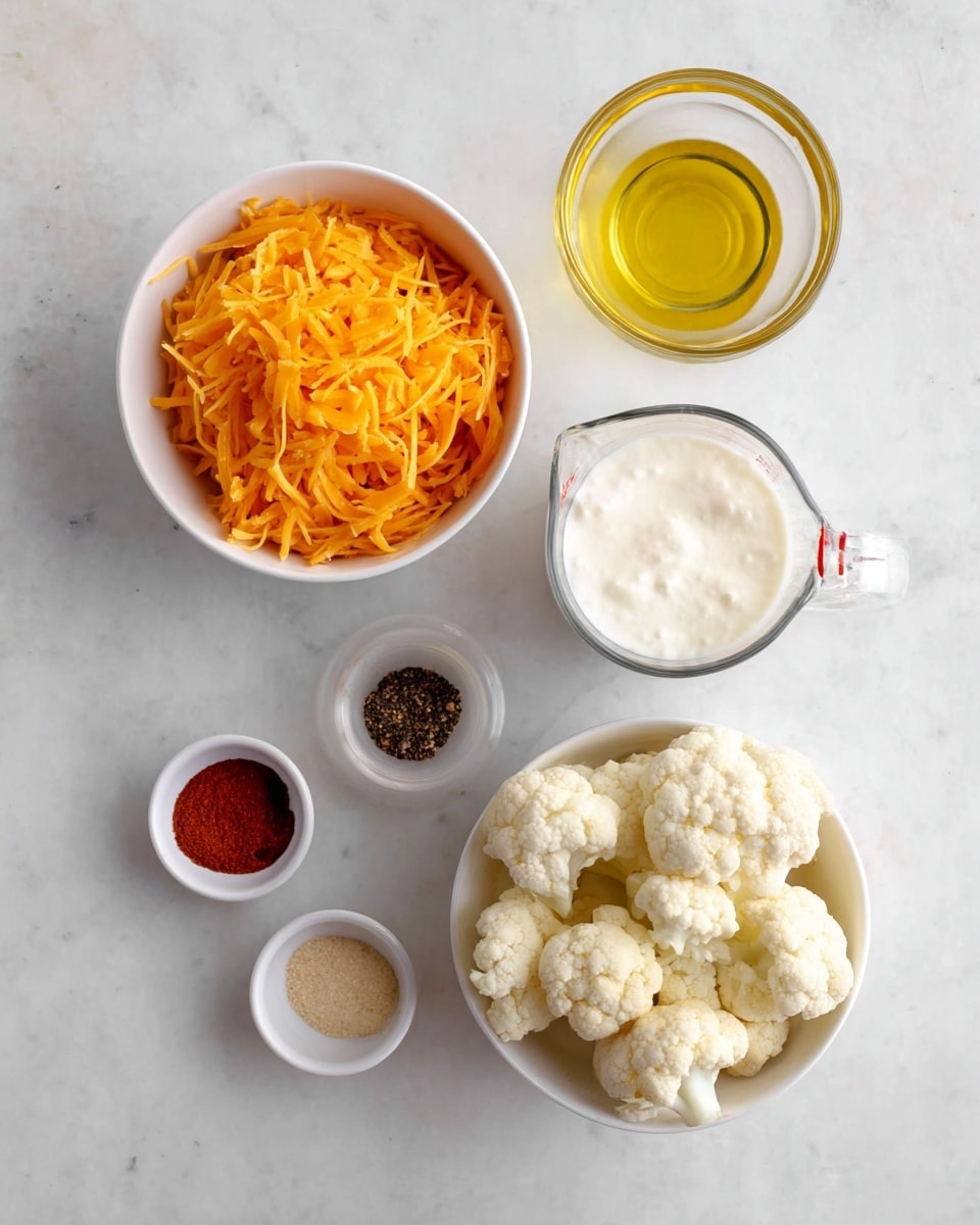 The image shows five dishes on a white marbled surface, each with different ingredients. On the top left is a white bowl full of bright orange shredded cheese with a soft texture. Next to it on the right is a small white bowl filled with golden-yellow oil, smooth and shiny. Below the cheese bowl is a clear glass measuring cup holding white cream with a frothy surface. To the right of the glass, at the bottom right, is a white bowl filled with cream-colored cauliflower florets, having a rough texture with rounded shapes. At the bottom left is a small white bowl containing four sections of spices in red, white, dark brown, and light brown colors, each with a powdery texture. Photo taken with an iphone --ar 4:5 --v 7