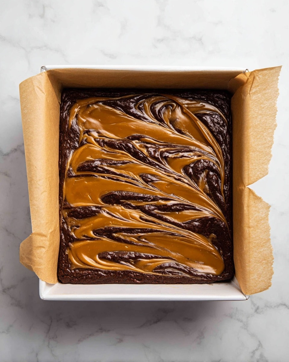 A white square baking pan lined with light brown parchment paper holds a thick, dark chocolate batter layer as the base. On top of this is a swirled layer of smooth, shiny caramel-colored sauce creating a marbled pattern with rich, dark brown chocolate. The caramel swirls are uneven and spread across the surface with soft peaks and waves blending into the chocolate layer. The pan is placed on a white marbled surface. photo taken with an iphone --ar 4:5 --v 7