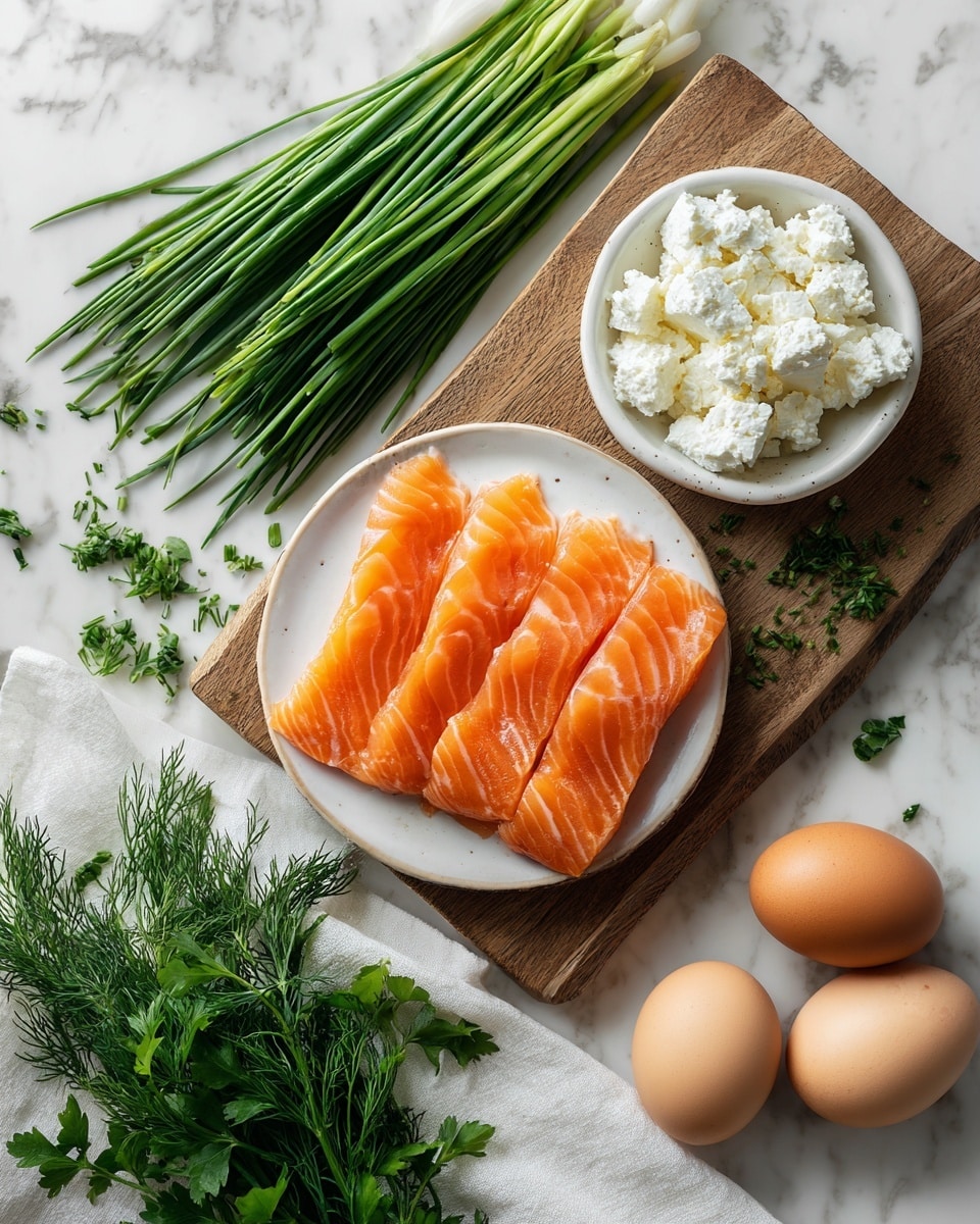 The image shows a wooden board on a white marbled surface, holding a small white plate with four pieces of orange smoked salmon layered flat and slightly overlapping. Above the plate, there are bright green chives arranged in a neat bundle. To the right, a small round white bowl contains several white chunks of goat cheese with a soft crumbly texture. In the lower right corner, two brown eggs rest on the white marbled surface. Fresh green parsley leaves are placed in the lower left corner, and a bunch of green dill with fine feathery leaves is near the bottom center. The setting is bright and clean, with a white cloth partly under the board. Photo taken with an iphone --ar 4:5 --v 7