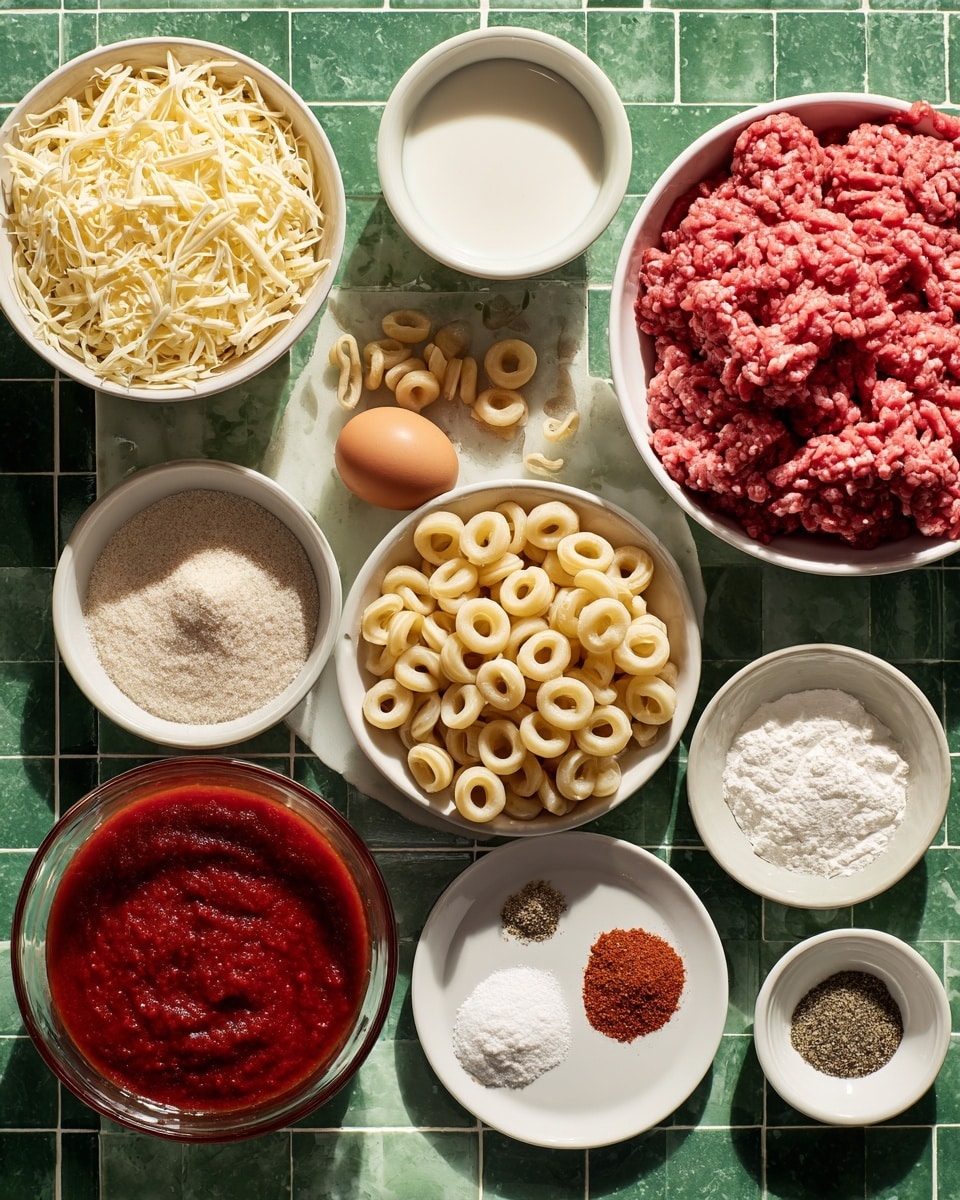The image shows a white bowl filled with raw ground beef placed on a green tiled surface, surrounded by several other white bowls and plates each holding different ingredients. One bowl contains shredded cheese with a pale yellow color, another white bowl is filled with ring pasta that has a light beige tone. There is a transparent glass bowl with a deep red pasta sauce, and beside it, two small white bowls hold milk and water, both clear liquids. Around these main bowls, small white plates hold spices: one has a mix of onion powder, garlic powder, and paprika arranged as small mounds in different shades of white and red, another contains salt and black pepper, and a single whole egg rests on the tiled surface. All items are placed on a green tiled background changed to a white marbled texture. photo taken with an iphone --ar 4:5 --v 7