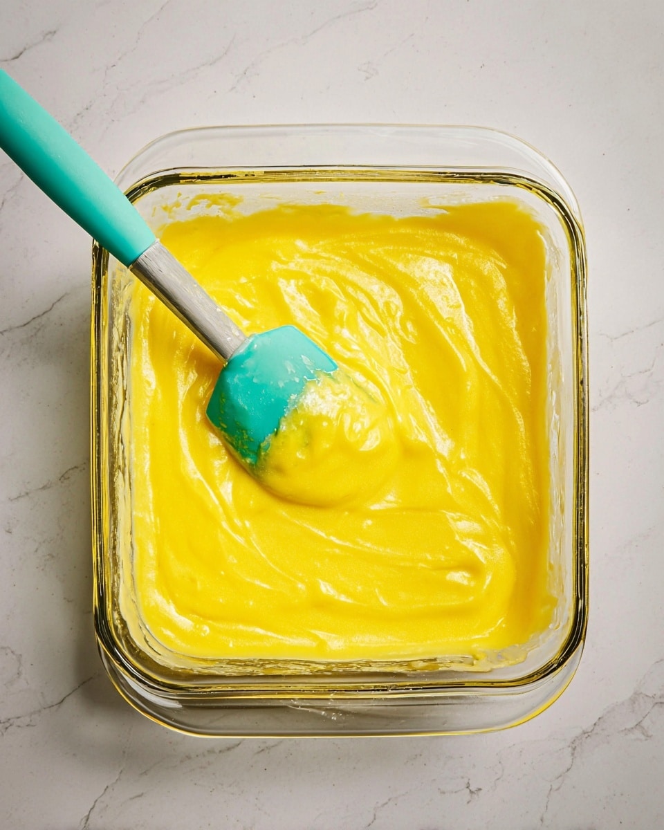 A clear glass square baking dish filled with a thick, bright yellow creamy mixture that has a smooth, glossy texture. A teal spatula with a green-tinted silicone tip rests inside the dish, partially smeared with the yellow mixture, positioned diagonally from the bottom left towards the center. The dish sits on a white marbled surface with subtle gray veins. Photo taken with an iphone --ar 4:5 --v 7