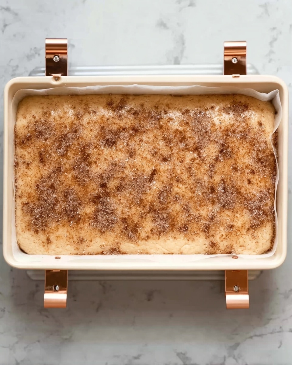 The image shows a single large layer of light golden dough spread evenly inside a rectangular white baking pan lined with paper. The dough has a slightly bumpy texture and is generously sprinkled on top with a mix of sugar crystals and cinnamon, which create a pattern of brown and white patches across the surface. The pan is held closed by two rose gold clips on opposite ends, placed on a white marbled surface. The photo taken with an iphone --ar 4:5 --v 7