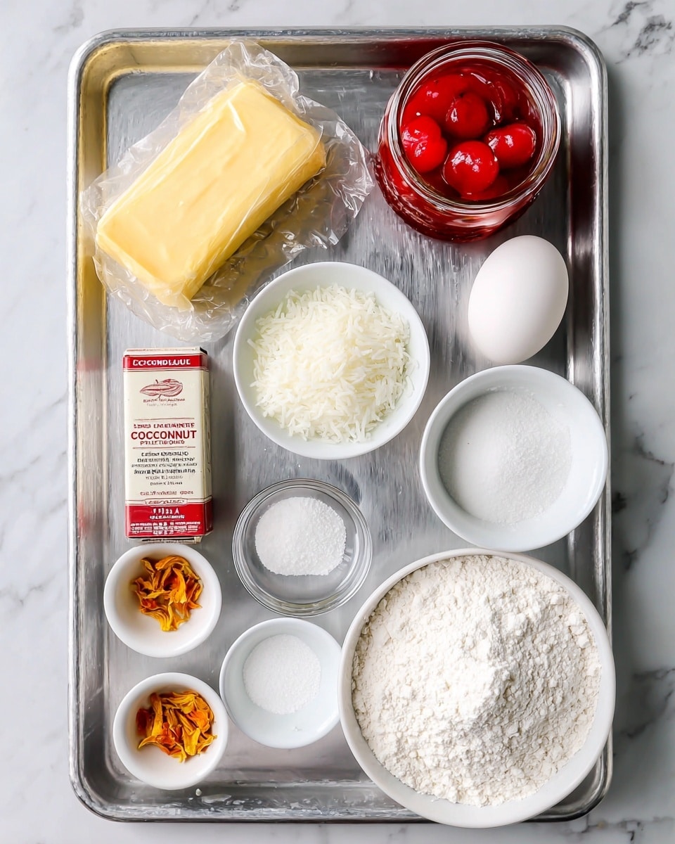 The image shows a metal tray on a white marbled surface holding several baking ingredients arranged neatly. There is a stick of butter wrapped in yellow paper at the top left, with a jar of bright red maraschino cherries beside it. To the right, there is a single white egg. Below the egg is a small white bowl filled with shredded coconut, and next to it is another small white bowl with sugar. At the center is a small clear glass bowl containing white powders. Near the bottom left, a small white bowl has dried orange flower petals, and a rectangular carton of coconut extract stands upright beside it. Next to that is another small white bowl filled with a fine white powder, followed by a larger white bowl at the bottom right filled with flour. All items are spaced evenly on the tray. Photo taken with an iphone --ar 4:5 --v 7