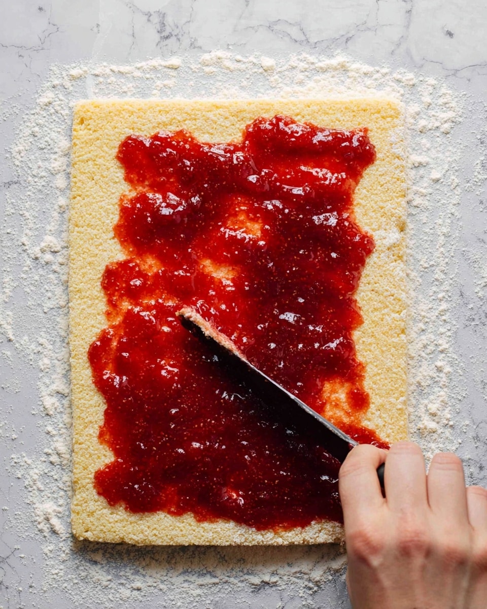 A flat, rectangular pale yellow sponge cake is laid out on a white marbled surface dusted with white flour. The top of the sponge has a thick, uneven layer of bright red jam spread over it, with some shine and small chunks visible in the jam. A woman's hand is holding a knife with a black handle, pushing jam onto the sponge from the bottom right corner. The overall scene shows a close-up of spreading jam on the sponge with clear texture contrasts between the soft cake and sticky jam. photo taken with an iphone --ar 4:5 --v 7