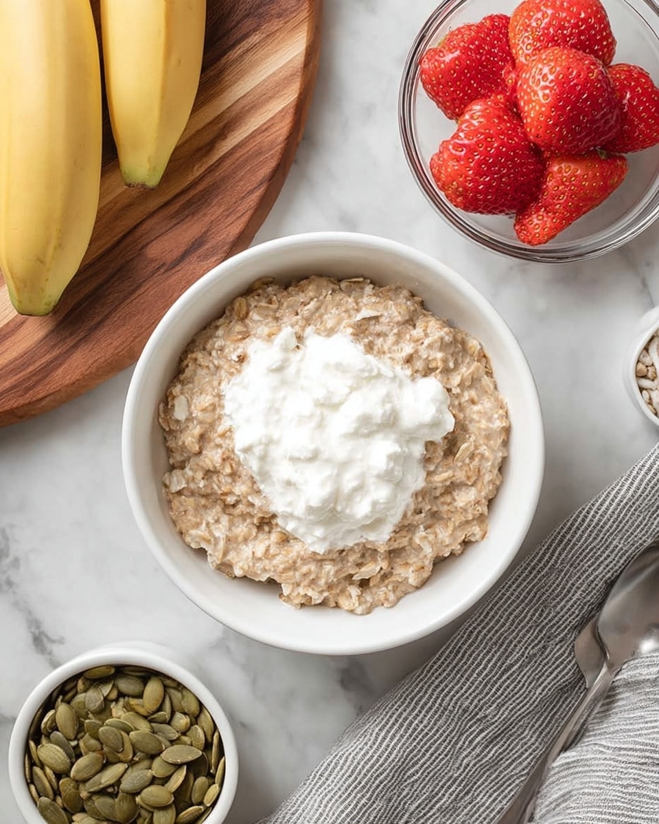 A white bowl filled with a thick oatmeal layer of light brown and creamy texture, topped in the center with a dollop of white cottage cheese that looks soft and creamy. To the upper right, a clear glass bowl holds several bright red sliced strawberries showing their juicy inside. Above and to the left, two yellow bananas rest on a round wooden board with natural grain patterns. Below and slightly left, a white bowl is filled with flat green pumpkin seeds. The entire scene is on a white marbled surface, and a gray striped cloth with a silver spoon lies on the lower right side. photo taken with an iphone --ar 4:5 --v 7