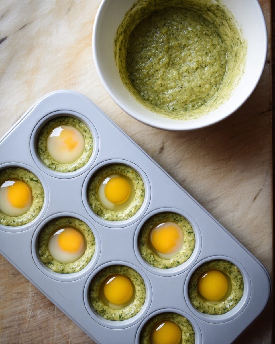 A white muffin tray with six cups is shown from above, each cup filled with a bottom layer of greenish thick batter with visible herb pieces, and a whole raw egg with a bright yellow yolk on top. To the left, a large white bowl contains more of the same green batter. The background is a white marbled surface that contrasts with the food and tray. photo taken with an iphone --ar 4:5 --v 7