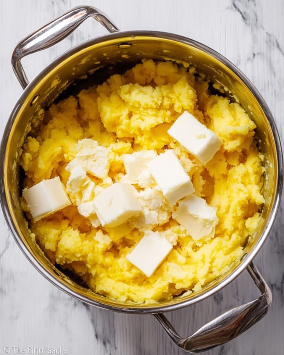 A metal pot filled with bright yellow mashed potatoes that have a soft, slightly chunky texture, with several thick pieces of creamy white butter placed on top, ready to be mixed in. The pot is on a white marbled surface, and the bright yellow and white colors of the food inside create a warm and appetizing contrast. photo taken with an iphone --ar 4:5 --v 7