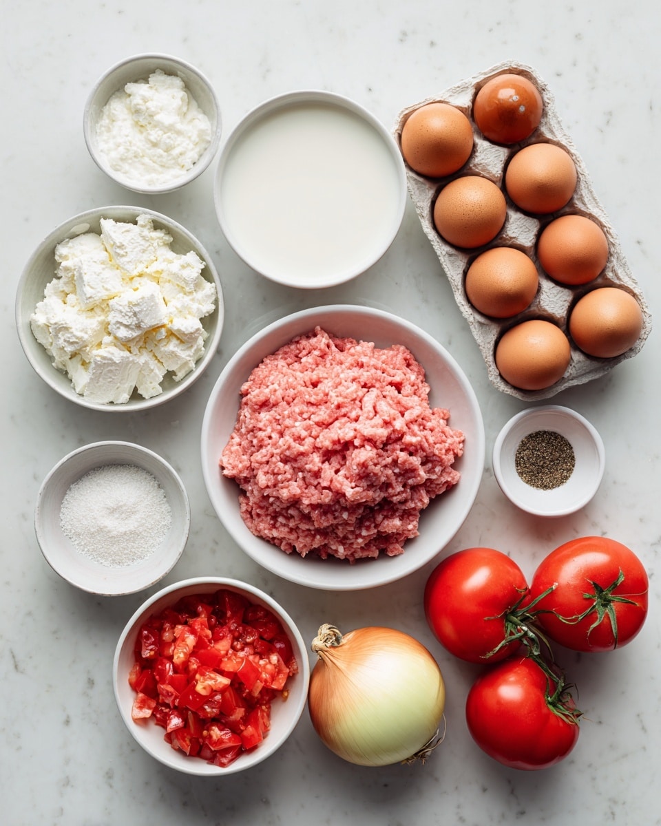The image shows raw ingredients placed neatly on a white marbled surface. In the center, a white bowl holds pink ground turkey with a coarse texture. Around it, several small white bowls contain different ingredients: one with soft white goat cheese, one filled with white milk, one with white salt, another with black pepper, and one has fine garlic powder. There is also a white bowl with bright red chopped tomatoes, a whole yellow onion, and three fresh red tomatoes with green stems. Lastly, a carton of brown eggs is placed near the top right. Everything is arranged carefully with clear spacing, showing different colors and textures of the fresh ingredients photo taken with an iphone --ar 4:5 --v 7