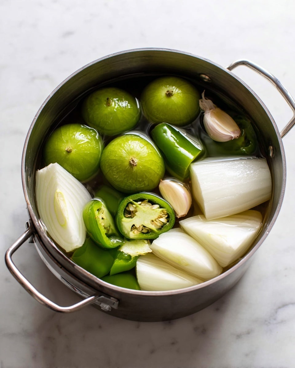 A silver metal pot filled with clear water holding several ingredients: two whole green tomatillos with a smooth shiny surface, large white onion wedges with visible layers, several halved green jalapeño peppers showing seeds inside, and a whole peeled garlic clove mostly submerged. The pot is set on a white marbled surface and the image is shot from above. Photo taken with an iphone --ar 4:5 --v 7