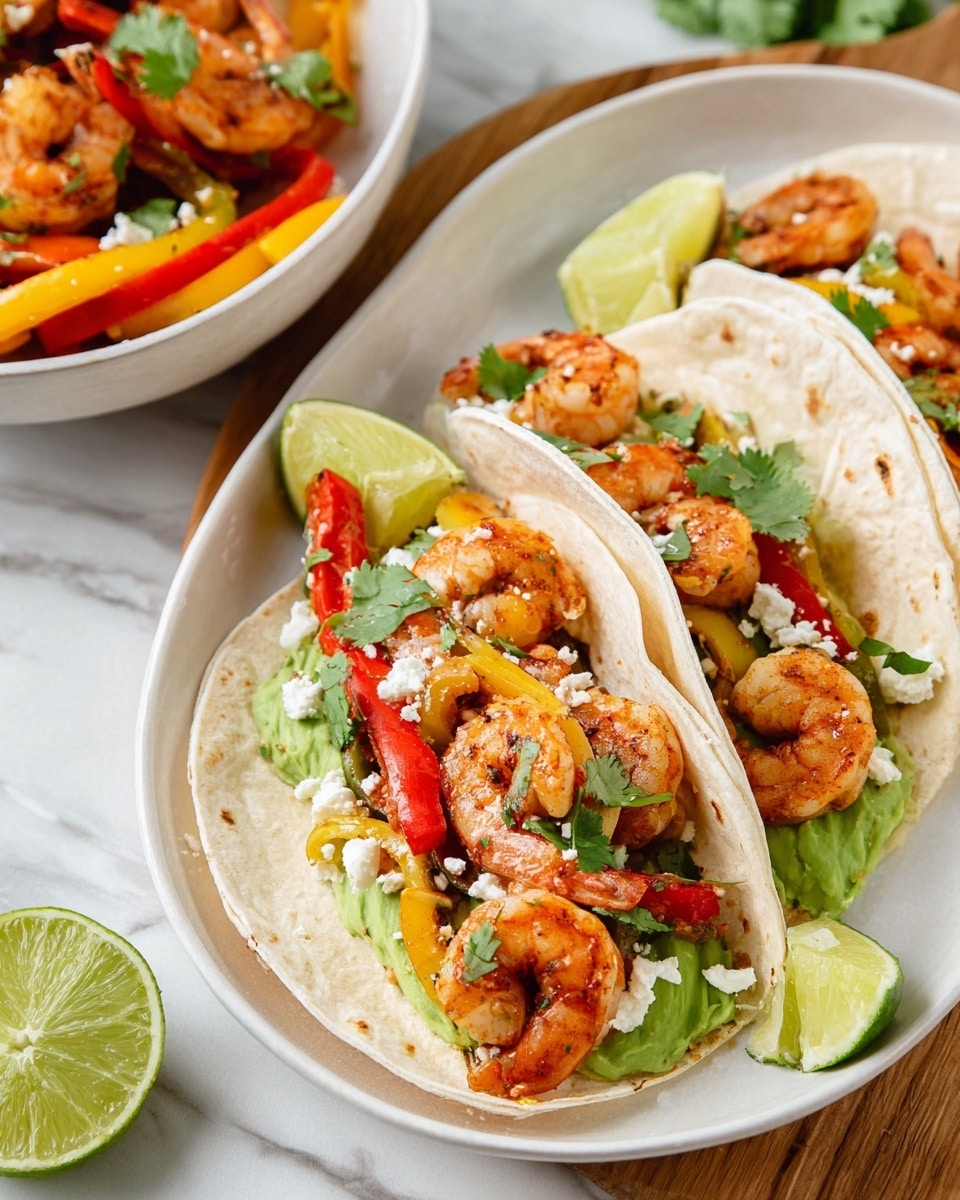 There are three small soft tortillas placed side by side in a white oval plate. Each tortilla has a layer of green avocado slices at the bottom, topped with colorful strips of cooked red and yellow bell peppers, and several cooked orange shrimp arranged neatly on top. The shrimp are sprinkled with small white cheese crumbles and green cilantro leaves. Around the edges of the plate are bright green lime wedges. In the background, there is a white bowl filled with more shrimp and bell peppers on a white marbled surface. photo taken with an iphone --ar 4:5 --v 7