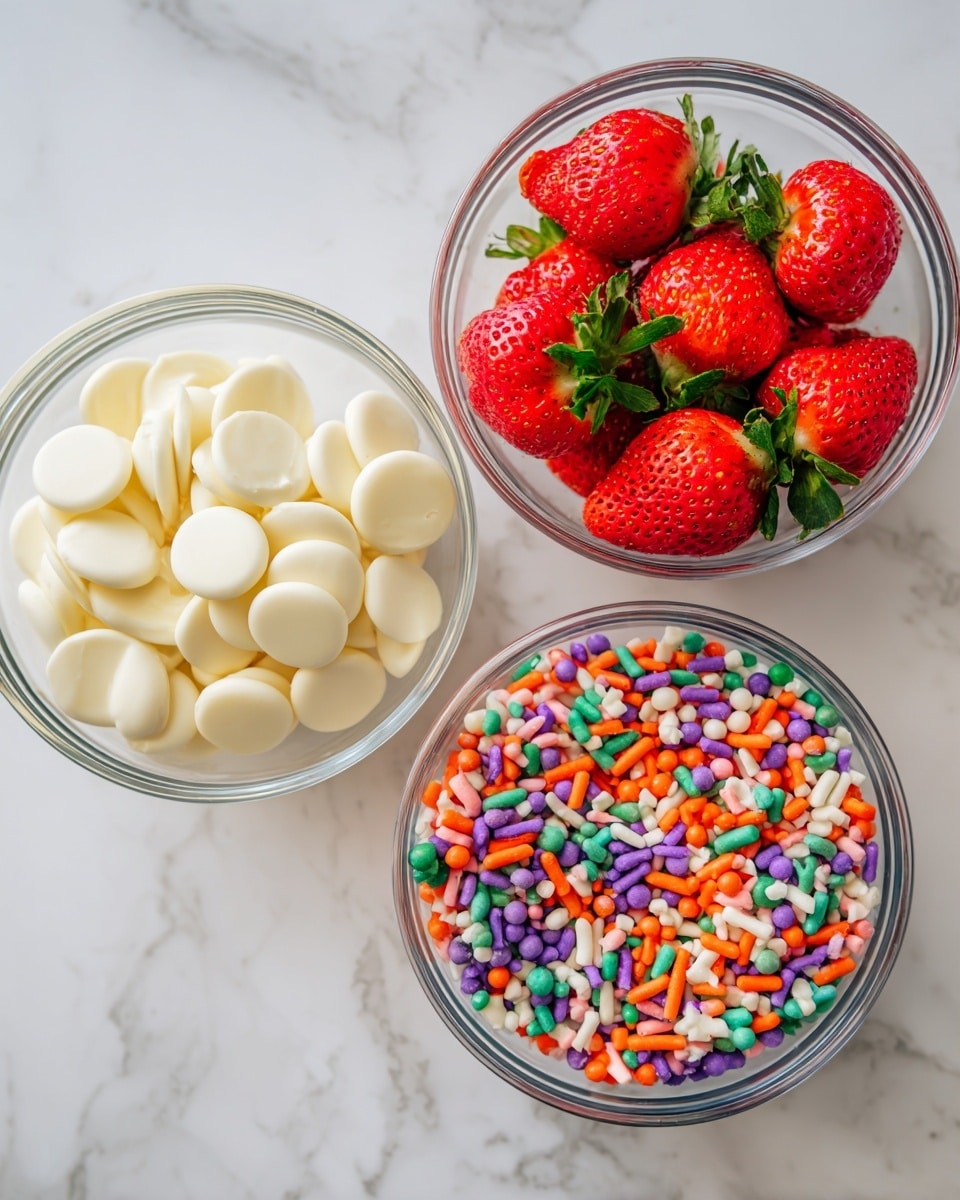The image shows three clear glass bowls on a white marbled surface, each containing a different ingredient. The top left bowl holds bright red strawberries with fresh green leaves, the middle right bowl is filled with smooth, round white chocolate discs, and the bottom center bowl contains a mix of colorful sprinkles in various shapes and sizes, including round dots and small sticks in vibrant colors like orange, purple, green, blue, and pink. The text labels identify each ingredient clearly. Photo taken with an iphone --ar 4:5 --v 7