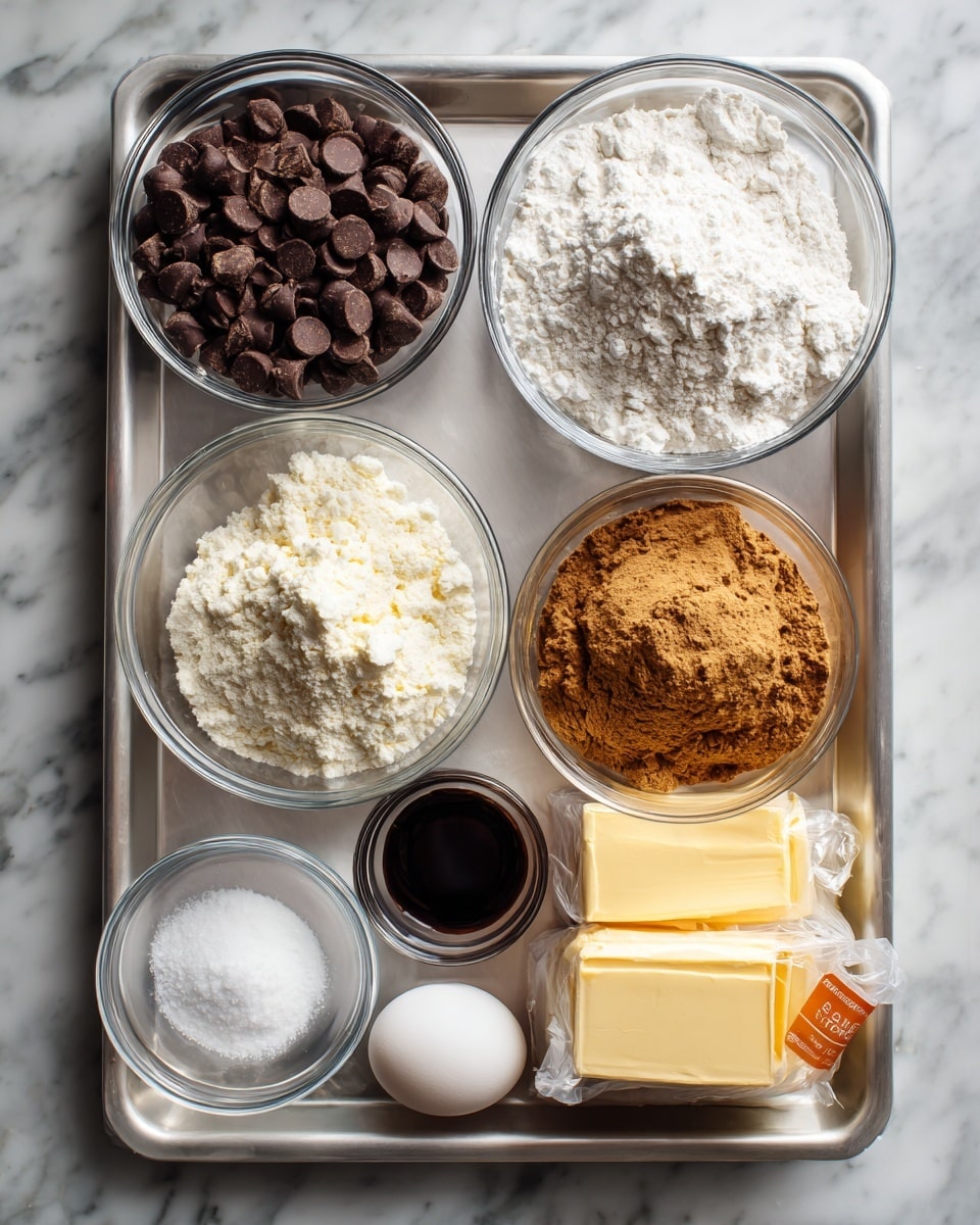 The image shows a metal tray on a white marbled surface, holding several clear glass bowls and a plastic bag filled with light brown brownie mix. The top left bowl is filled with small dark brown chocolate chips, the bowl below it holds white all-purpose flour with a powdery texture, and the bowl to the right contains packed light brown sugar and some white sugar at the bottom. Below them, there's a small bowl with dark liquid vanilla extract, a single white egg, and two light yellow sticks of butter with orange labels. At the bottom left, there's another small bowl holding white salt, baking soda, baking powder, and cornstarch powders. All items are neatly arranged on the tray, well-lit, with clear labels showing what they are. Photo taken with an iphone --ar 4:5 --v 7