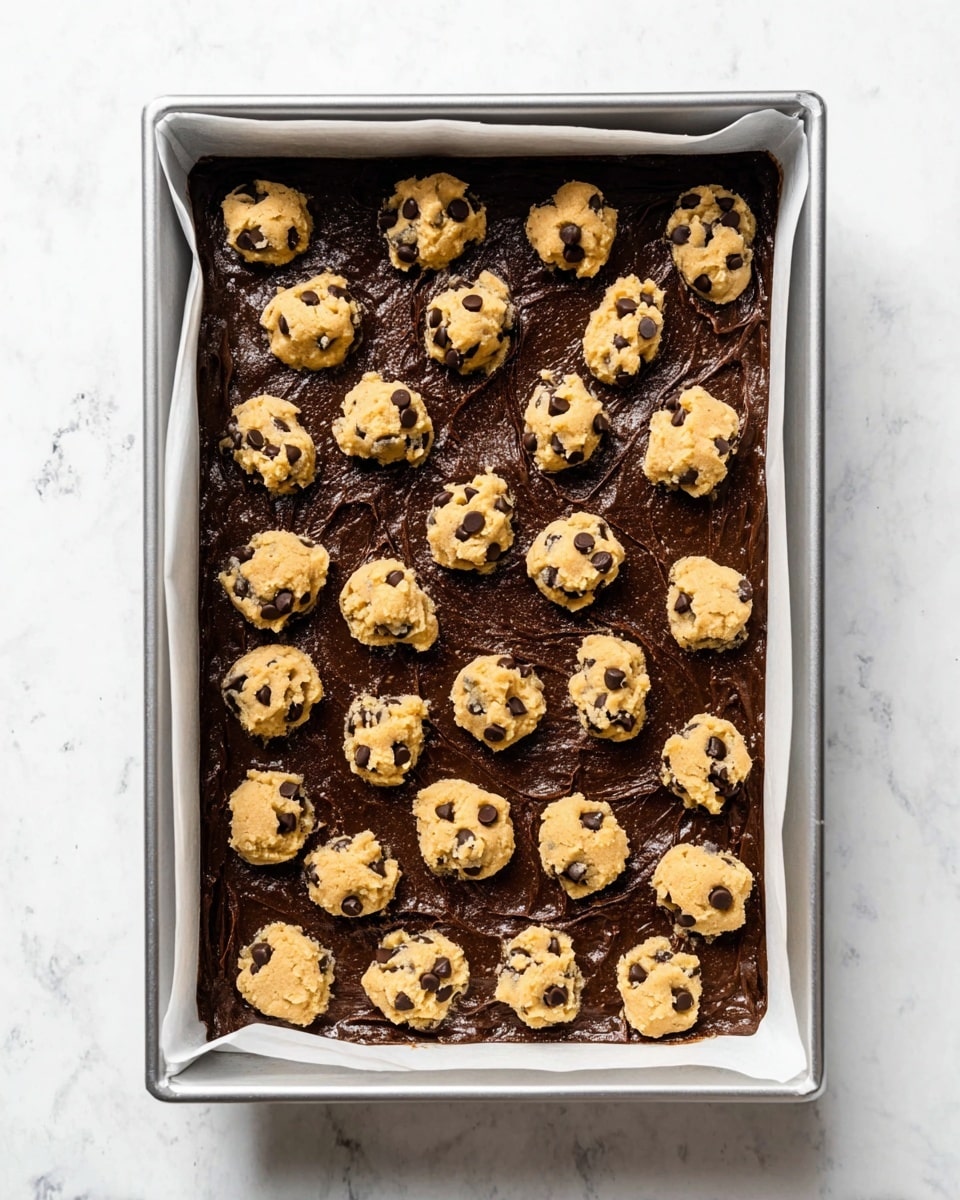 A rectangular metal baking tray lined with white parchment paper contains a thick dark brown layer of chocolate batter. On top, there are many small uneven round dollops of light tan cookie dough with visible dark chocolate chips, scattered evenly across the entire surface. The background is a white marbled texture. photo taken with an iphone --ar 4:5 --v 7