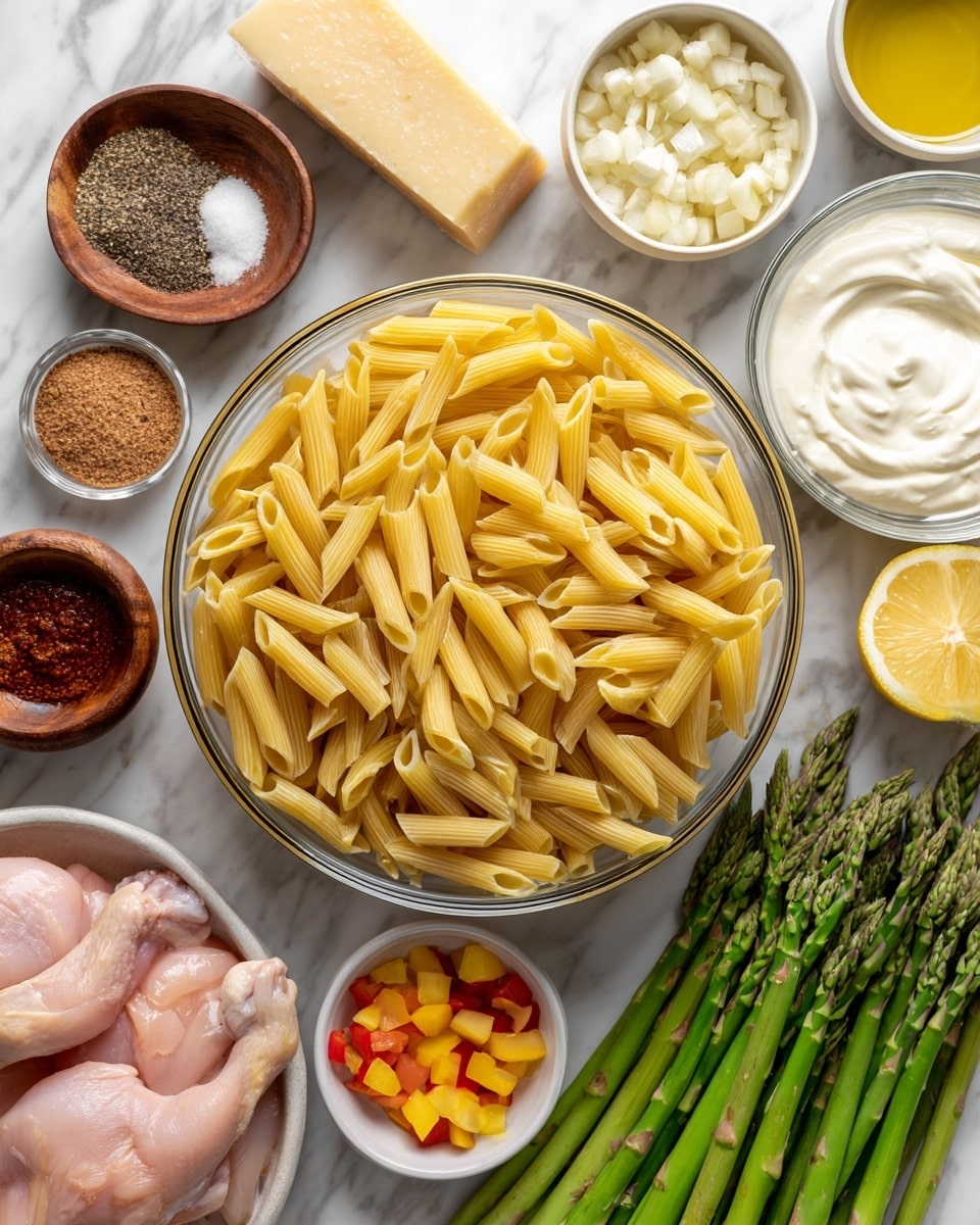 The image shows a clear glass bowl filled with uncooked yellow penne pasta in the center, surrounded by fresh green asparagus stalks placed vertically on the right. Above the pasta bowl is a white measuring cup filled with chopped white onions next to a block of light tan parmesan cheese. To the left of the onions is a small brown wooden bowl with a mix of salt and black pepper, and below that, a small dark bowl with reddish chipotle pepper and sauce. Next to that is a small white bowl with minced garlic cloves, and below are a clear glass cup of white half & half cream and a tiny lemon wedge. On the right side below the parmesan is a small brown wooden bowl with ground brown cumin, then a clear glass bowl with raw skinless chicken thighs. At the bottom center is a small white bowl filled with diced orange bell pepper. A small glass bowl of light golden olive oil sits above the chicken. The background is a white marbled surface. Photo taken with an iphone --ar 4:5 --v 7