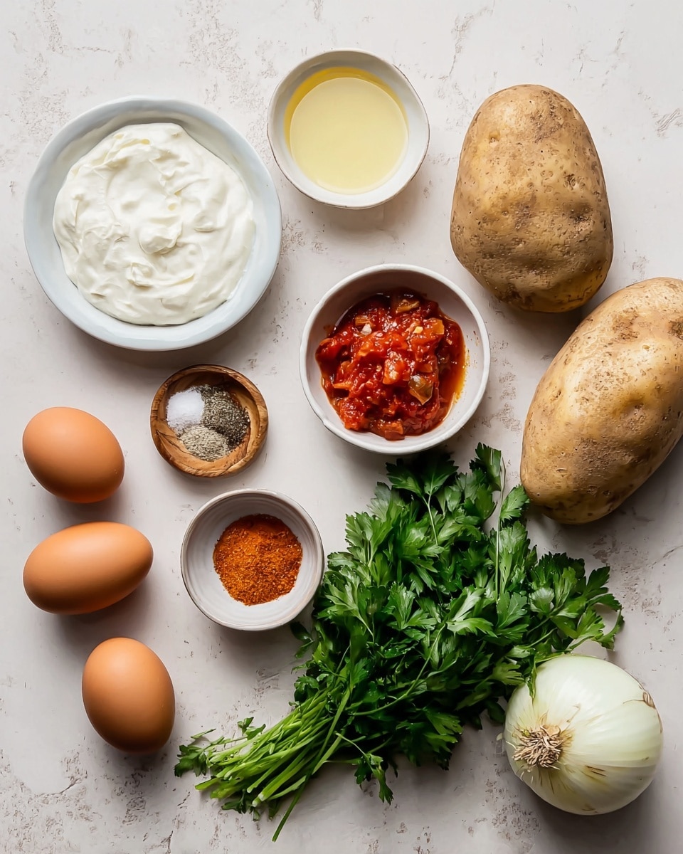 The image shows uncooked ingredients neatly arranged on a white marbled surface. There are two large, rough-textured light brown potatoes on the right side, and beside them is a small white bowl filled with thick white cream. Above the potatoes is a small white bowl with a light yellow liquid. Moving left, a small white plate holds a salt and pepper mix, and nearby a tiny bowl contains minced garlic. Below this, a small wooden bowl has a reddish-orange spice. Four brown eggs are grouped above a small round can of bright red diced tomatoes. A bunch of fresh green parsley with leafy stems lies above a half of a white onion placed flat side down on the marble surface. Everything is scattered with some space in between, clearly showing each ingredient. Photo taken with an iphone --ar 4:5 --v 7