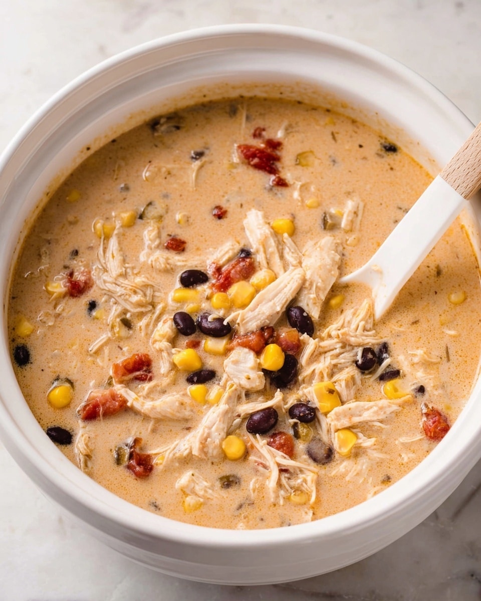 The dish shows two white plates on a white marbled surface, each with several layers. The bottom layer is broken yellow corn chips scattered evenly across the plate. On top of the chips, there is a layer of white rice mixed with black beans and small yellow corn kernels. Above the rice, there is shredded light brown chicken mixed with chopped bright red tomatoes and bits of green herbs. The top layer has a few slices of light green avocado and a dollop of white sour cream garnished with more green herbs. A silver fork rests beside the plate in the foreground. Photo taken with an iphone --ar 4:5 --v 7