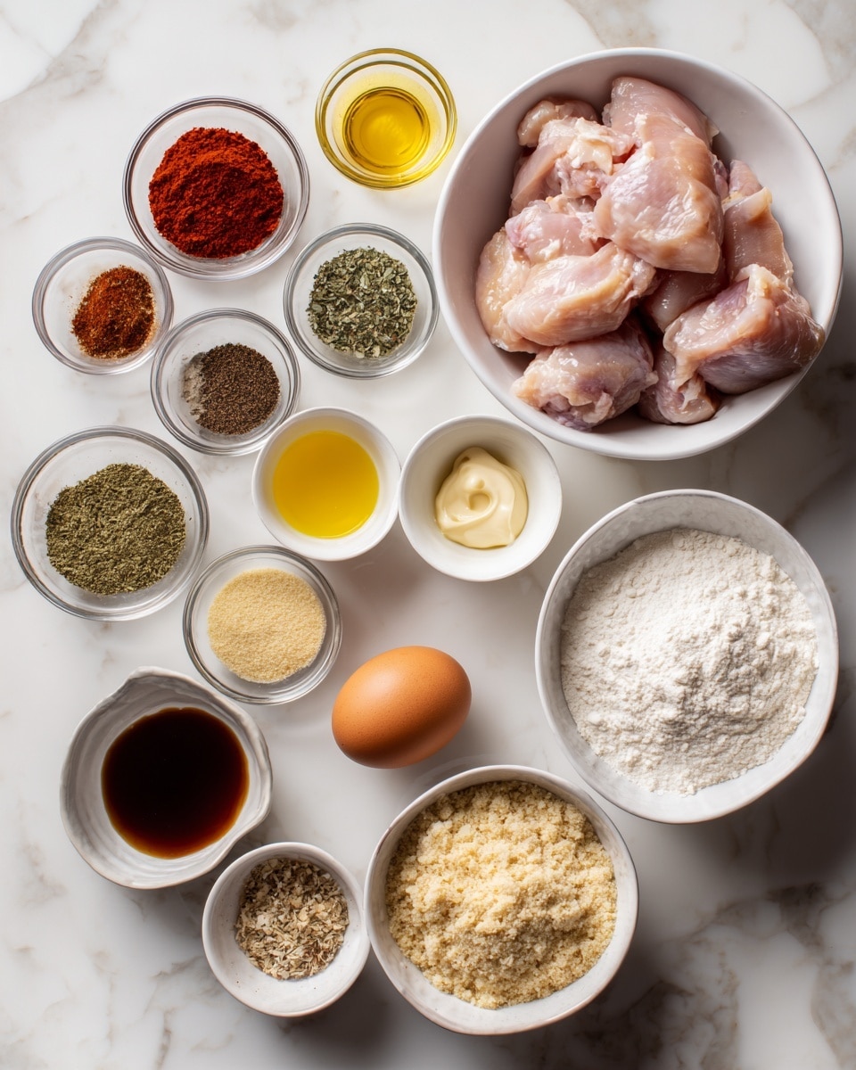 The image shows several white bowls and small glass bowls arranged on a white marbled surface, each holding different cooking ingredients. At the center, a white bowl contains raw, light pink chicken pieces. Surrounding it are small bowls with spices and other ingredients: a red paprika powder, dark brown pepper, green oregano leaves, white salt, light yellow garlic powder, light beige onion powder, yellow mustard, creamy mayonnaise, dark Worcestershire sauce, and white flour in a larger bowl. On the right side, two white bowls hold light beige panko breadcrumbs and regular breadcrumbs. A brown egg is placed near the bowl of flour. The setup looks ready for preparing a seasoned chicken recipe. Photo taken with an iphone --ar 4:5 --v 7
