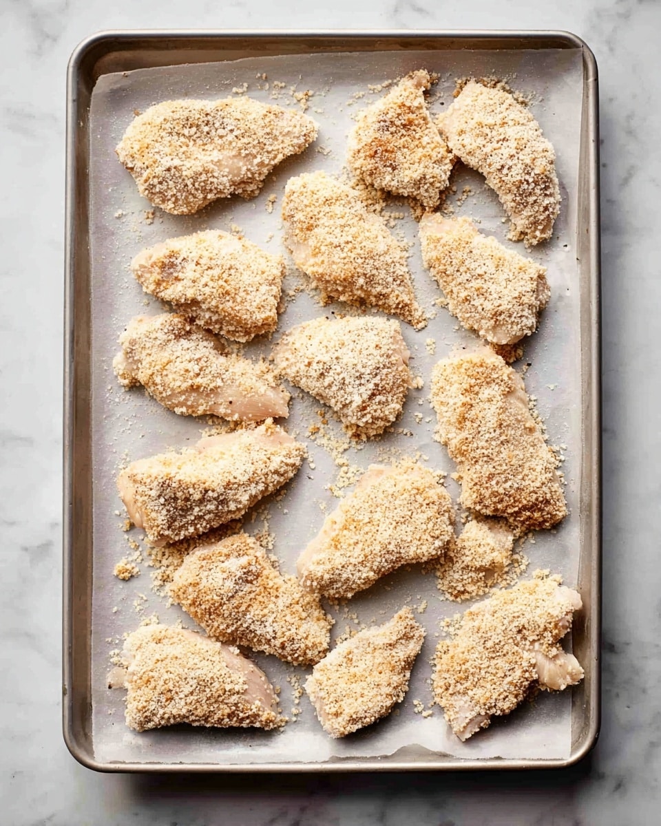 A baking tray lined with light gray parchment paper holds about sixteen unevenly shaped pieces of raw chicken, each heavily coated in a light beige, coarse breadcrumb mixture that gives them a rough texture; the chicken pieces vary in size and are scattered with small spaces between them on the tray, which is placed on a white marbled surface. photo taken with an iphone --ar 4:5 --v 7