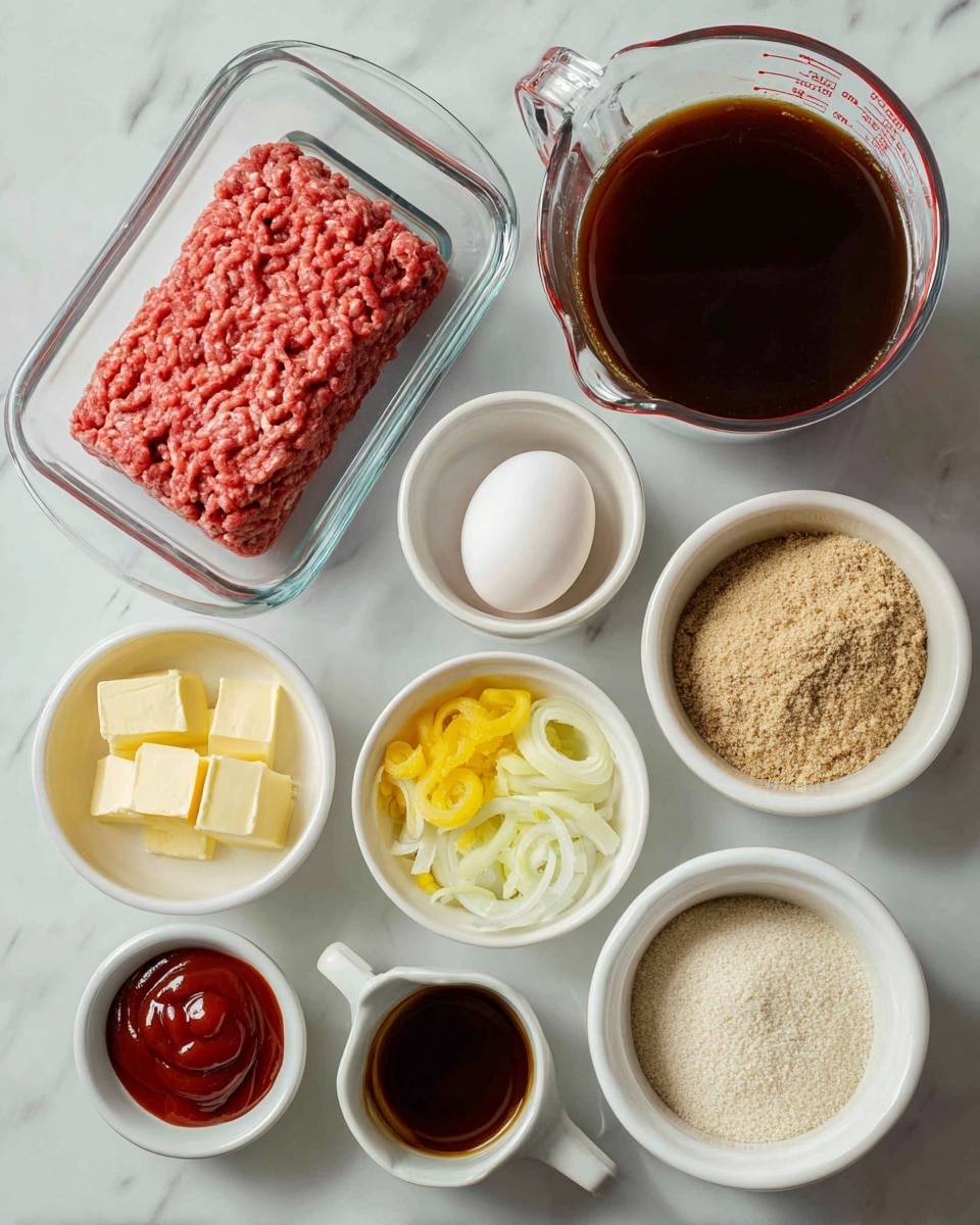 The image shows several clear glass and white bowls arranged on a white marbled surface. There is a large glass measuring cup filled with dark brown beef broth at the top right. Below it to the left, a rectangular clear glass container holds a pink and slightly red raw ground beef block. Around them are small white bowls with different ingredients: pale yellow butter slices, light tan bread crumbs, finely chopped white onions, bright yellow pepperoncinis slices, a white bowl of off-white dry brown gravy mix, another white bowl with off-white ranch dressing powder, a whole white egg, a small white dish with smooth and shiny red ketchup, and a small white bowl filled with dark brown Worcestershire sauce. Each ingredient’s texture and color are distinct, and clear labels in black font hover above each item. photo taken with an iphone --ar 4:5 --v 7
