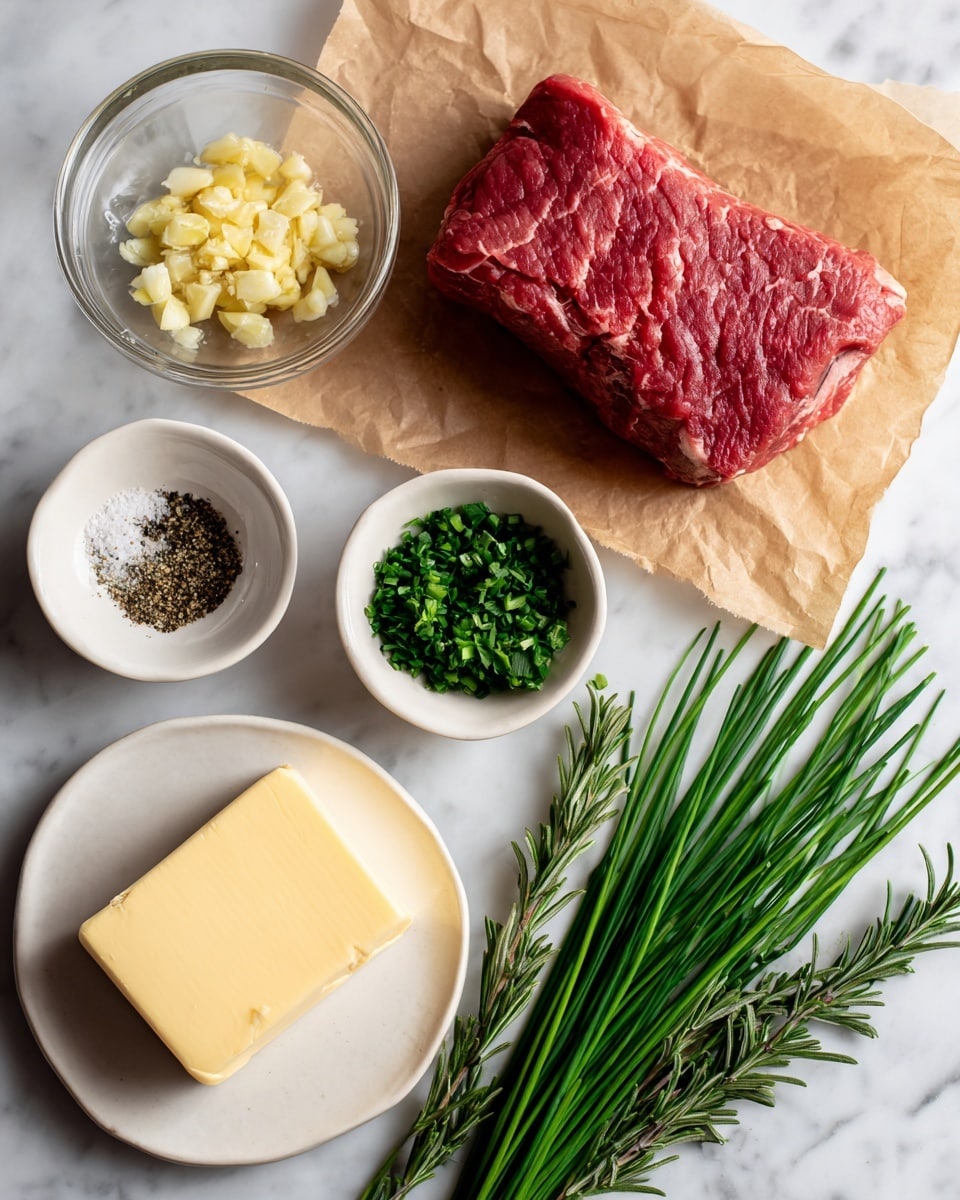 The image shows a flat lay of fresh cooking ingredients arranged neatly on a white marbled surface. In the center, there is a raw red meat filet placed on brown parchment paper. Above the filet, a small clear glass bowl holds minced yellow garlic. To the left of the filet, there are two small white dishes: the top one contains mixed seasoning in light beige and black colors, while the bottom one has chopped bright green parsley. To the right of the filet, a bunch of fresh green chives is laid out straight. Below the filet, a solid rectangular block of pale yellow butter rests with a small bunch of fresh green rosemary placed underneath it. All elements are clearly labeled with black text on white backgrounds near each ingredient. Photo taken with an iphone --ar 4:5 --v 7