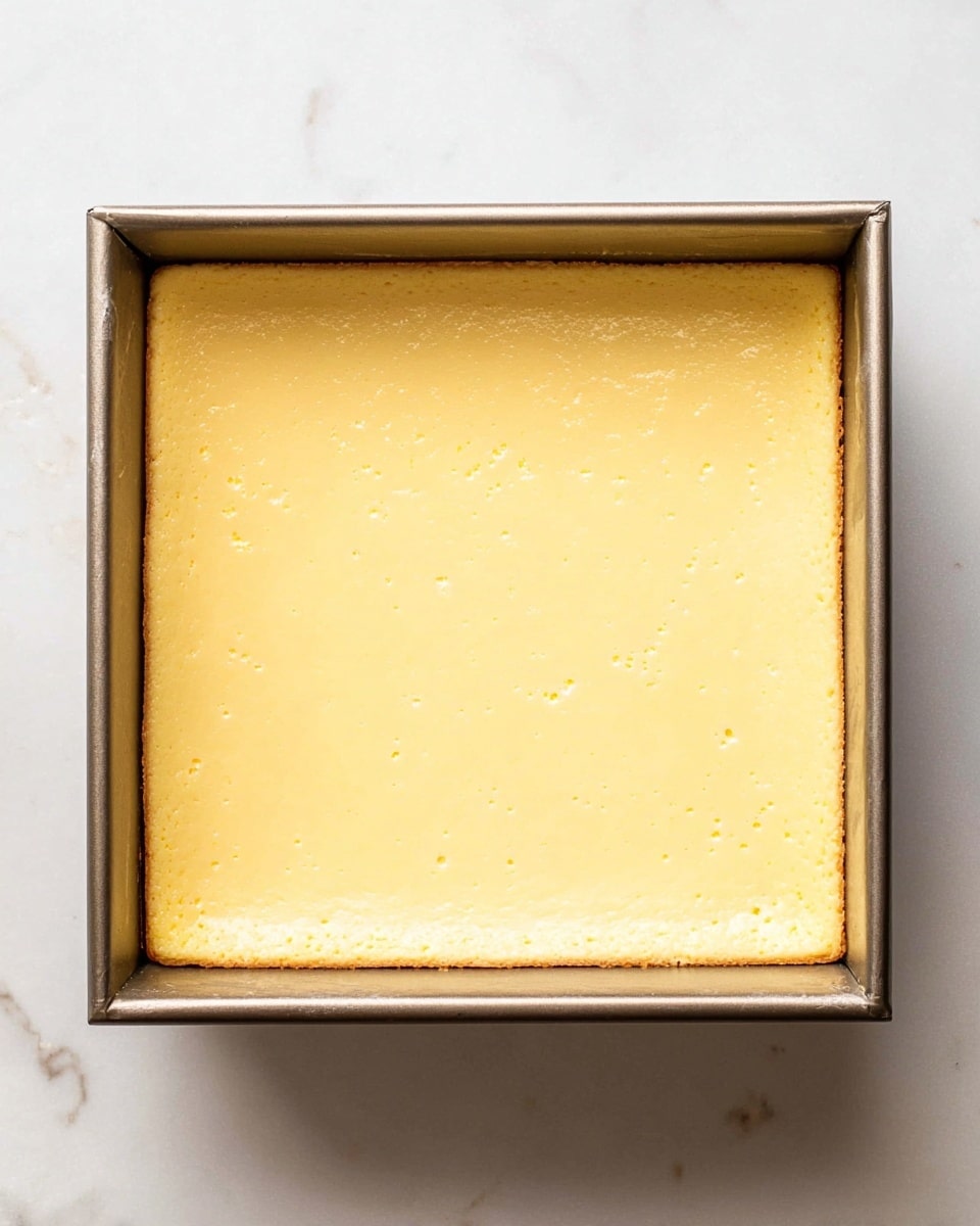 A single smooth layer of baked cheesecake sits inside a square metal pan, soft yellow in color with a few small bubbles and tiny cracks on the surface. The edges of the cheesecake are lightly browned, showing a slightly firmer texture, while the center looks creamy and soft. The pan is placed on a white marbled surface, which contrasts with the warm tone of the cheesecake. photo taken with an iphone --ar 4:5 --v 7