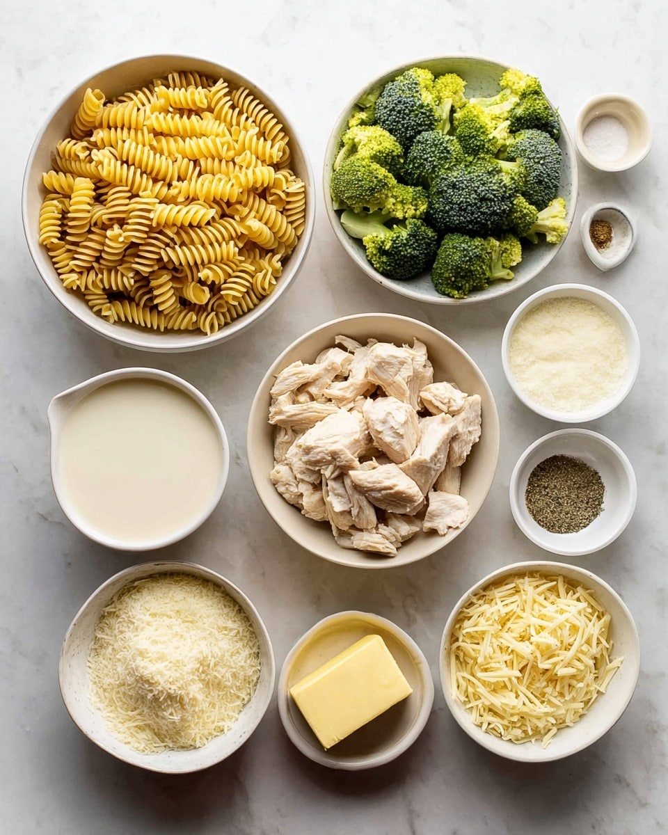 The image shows a collection of ingredients for cooking, arranged neatly on a white marbled surface. There are ten white bowls of different sizes: one large bowl filled with cooked spiral pasta, one large bowl with cut broccoli pieces, one medium bowl with chunks of cooked chicken, one medium bowl with shredded cheese, one medium bowl with cream cheese block, one large bowl with a white creamy liquid sauce, one small bowl with a slice of butter, one small bowl with flour, one small bowl with yellow powder seasoning, one small bowl with shredded Parmesan cheese, and two very small bowls with salt and black pepper. Photo taken with an iphone --ar 4:5 --v 7